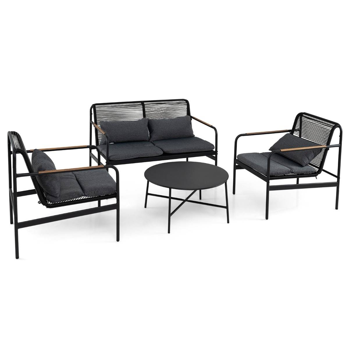 Salon de Jardin 4 Pièces Loveseat & 2 Fauteuils avec Table Basse Coussins Rotin PE Gris MAISON CHIC - Image 1