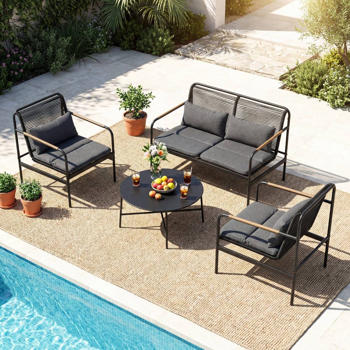 Salon de Jardin 4 Pièces Loveseat & 2 Fauteuils avec Table Basse Coussins Rotin PE Gris MAISON CHIC - Image 6