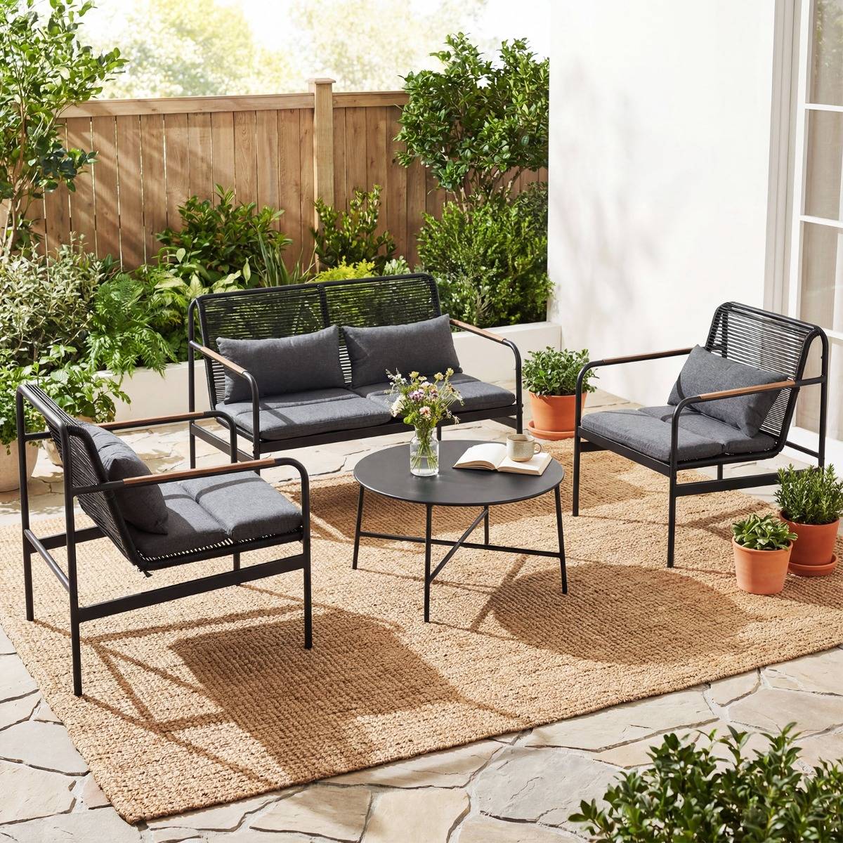 Salon de Jardin 4 Pièces Loveseat & 2 Fauteuils avec Table Basse Coussins Rotin PE Gris MAISON CHIC - Image 4