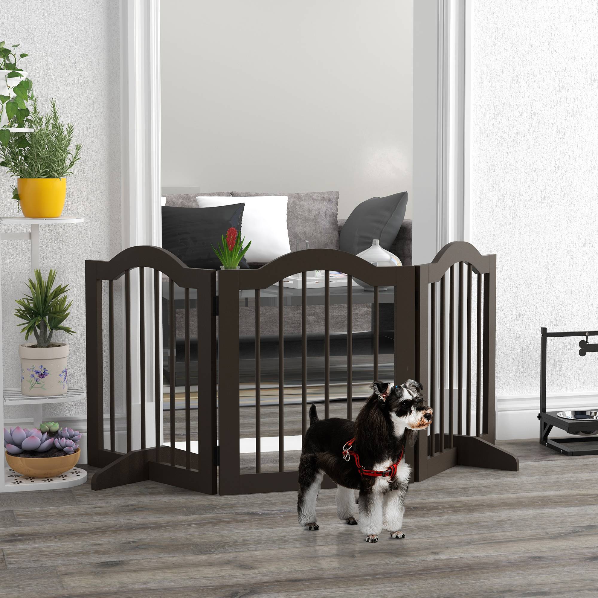 Barrière de sécurité pliable pour petits chiens, grille de protection à 3 panneaux avec pieds, 154,5 x 29,5 x 61 cm, couleur café - Image 3