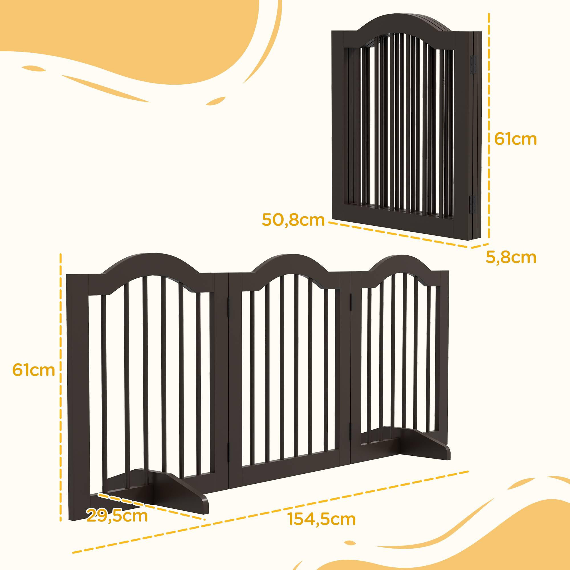 Barrière de sécurité pliable pour petits chiens, grille de protection à 3 panneaux avec pieds, 154,5 x 29,5 x 61 cm, couleur café - Image 5