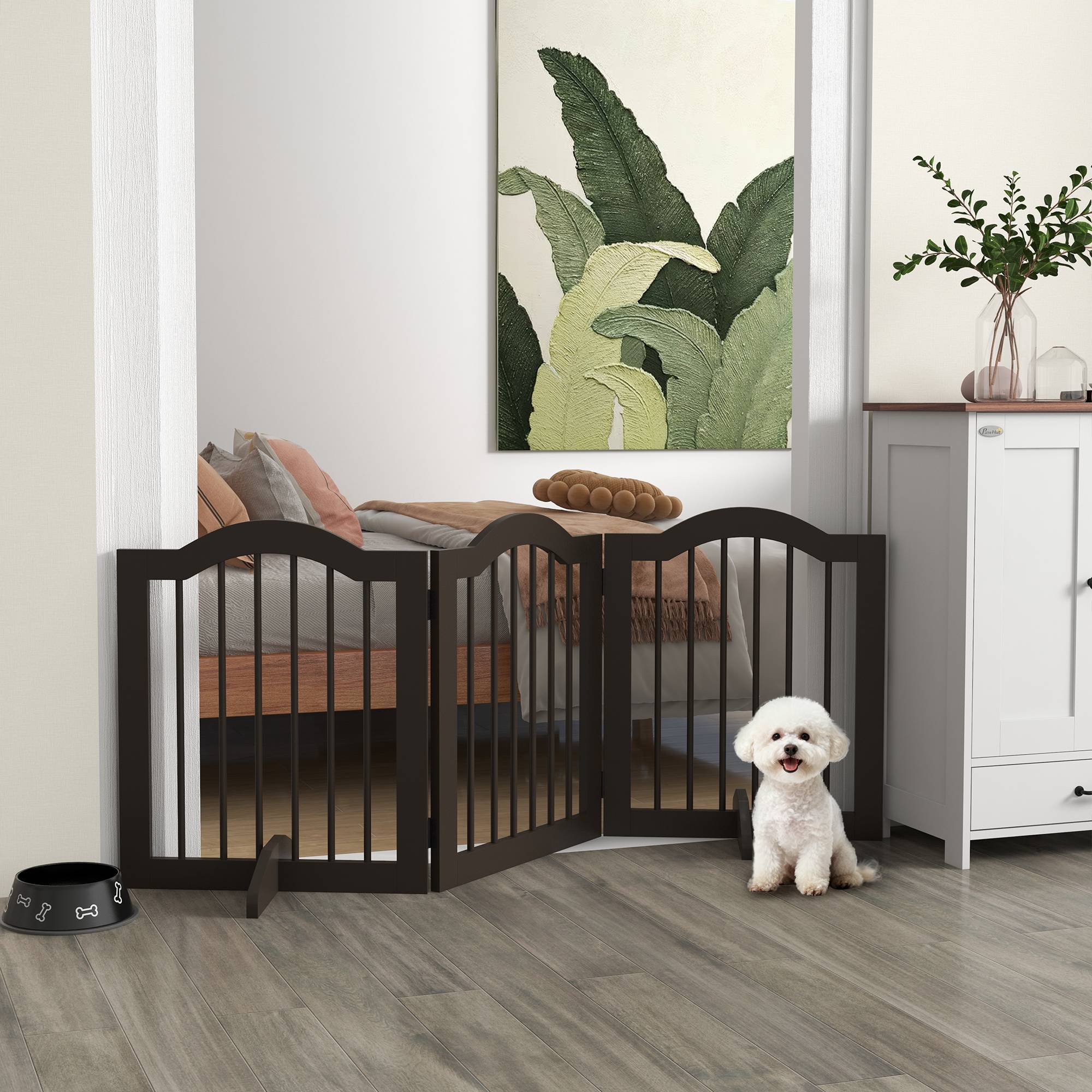Barrière de sécurité pliable pour petits chiens, grille de protection à 3 panneaux avec pieds, 154,5 x 29,5 x 61 cm, couleur café - Image 4