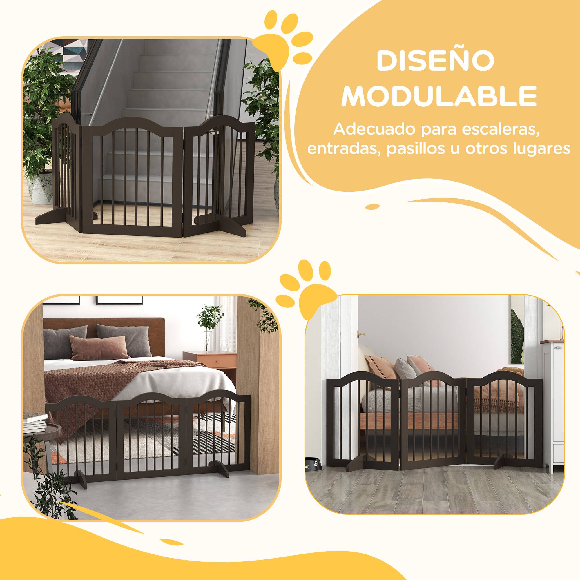 Barrière de sécurité pliable pour petits chiens, grille de protection à 3 panneaux avec pieds, 154,5 x 29,5 x 61 cm, couleur café - Image 10