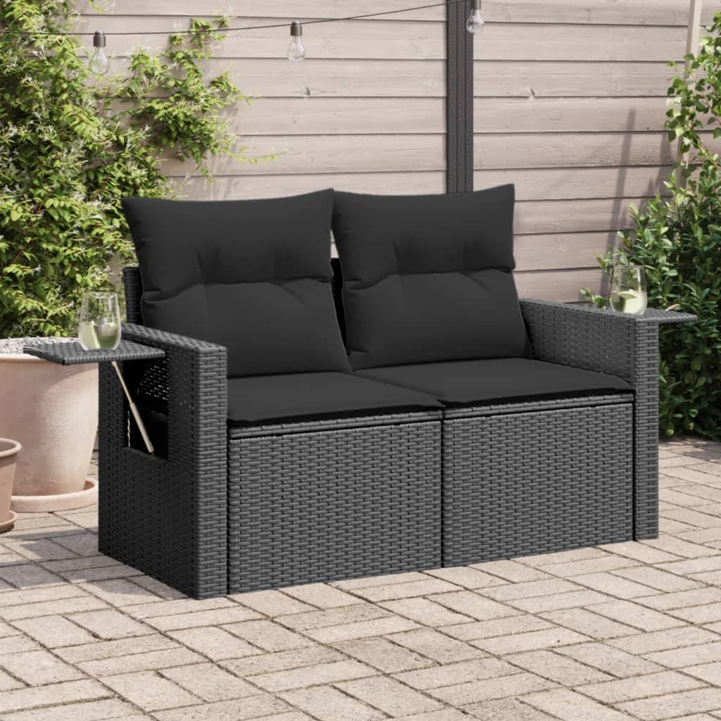 Canapé Extérieur 2 Places Poly Rotin avec Tablettes Rabattables et Coussins – Noir – ComfortXL Outdoor Living - Image 1