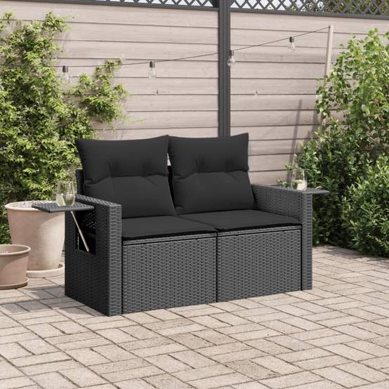 Canapé Extérieur 2 Places Poly Rotin avec Tablettes Rabattables et Coussins – Noir – ComfortXL Outdoor Living - Image 3