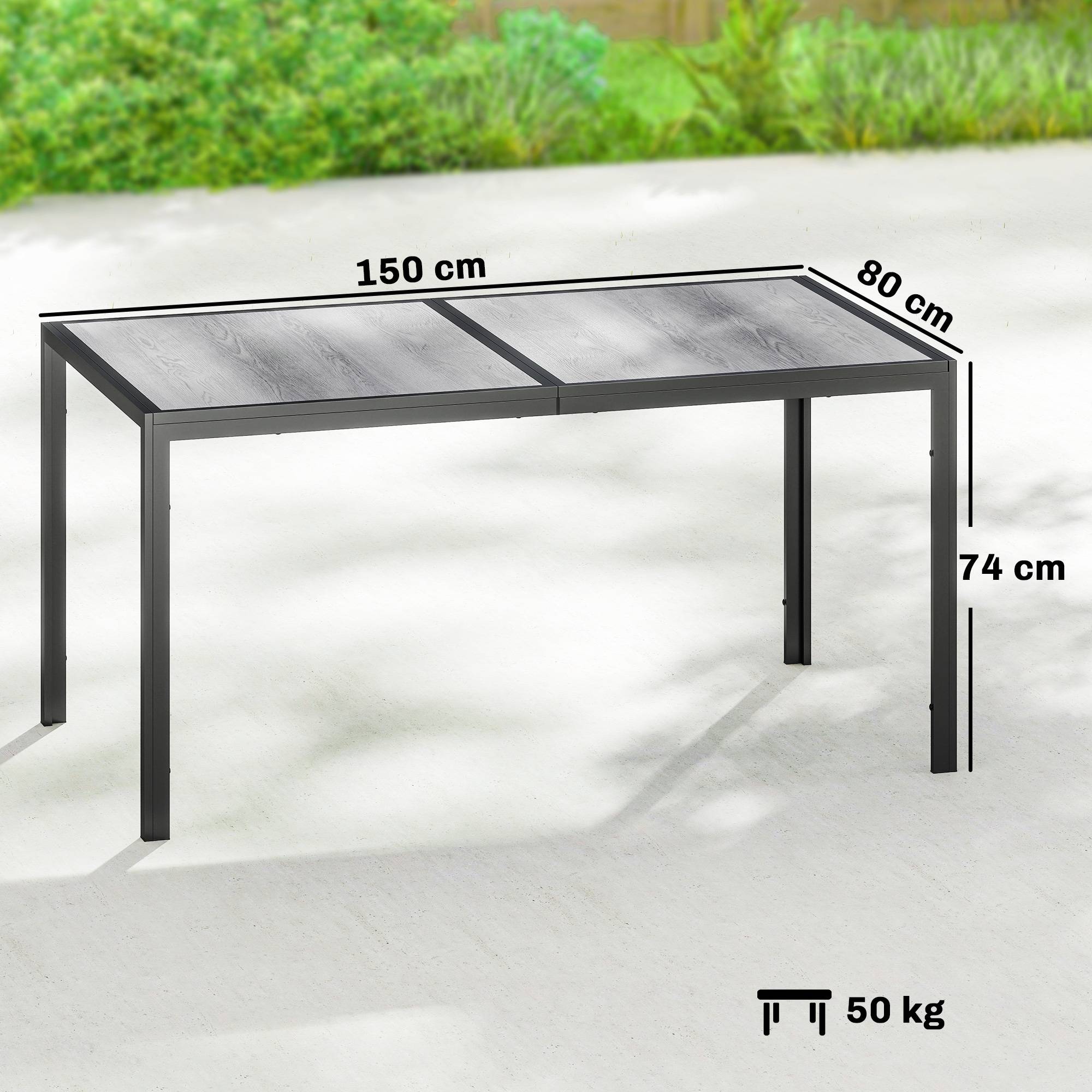 Table de jardin gris noir acier plastique PSPC 150x80x74 cm plateau imitation bois 4-6 places - Image 5