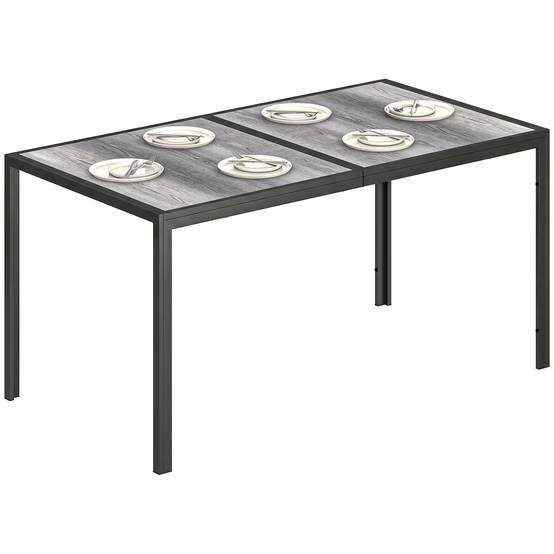Table de jardin gris noir acier plastique PSPC 150x80x74 cm plateau imitation bois 4-6 places - Image 1