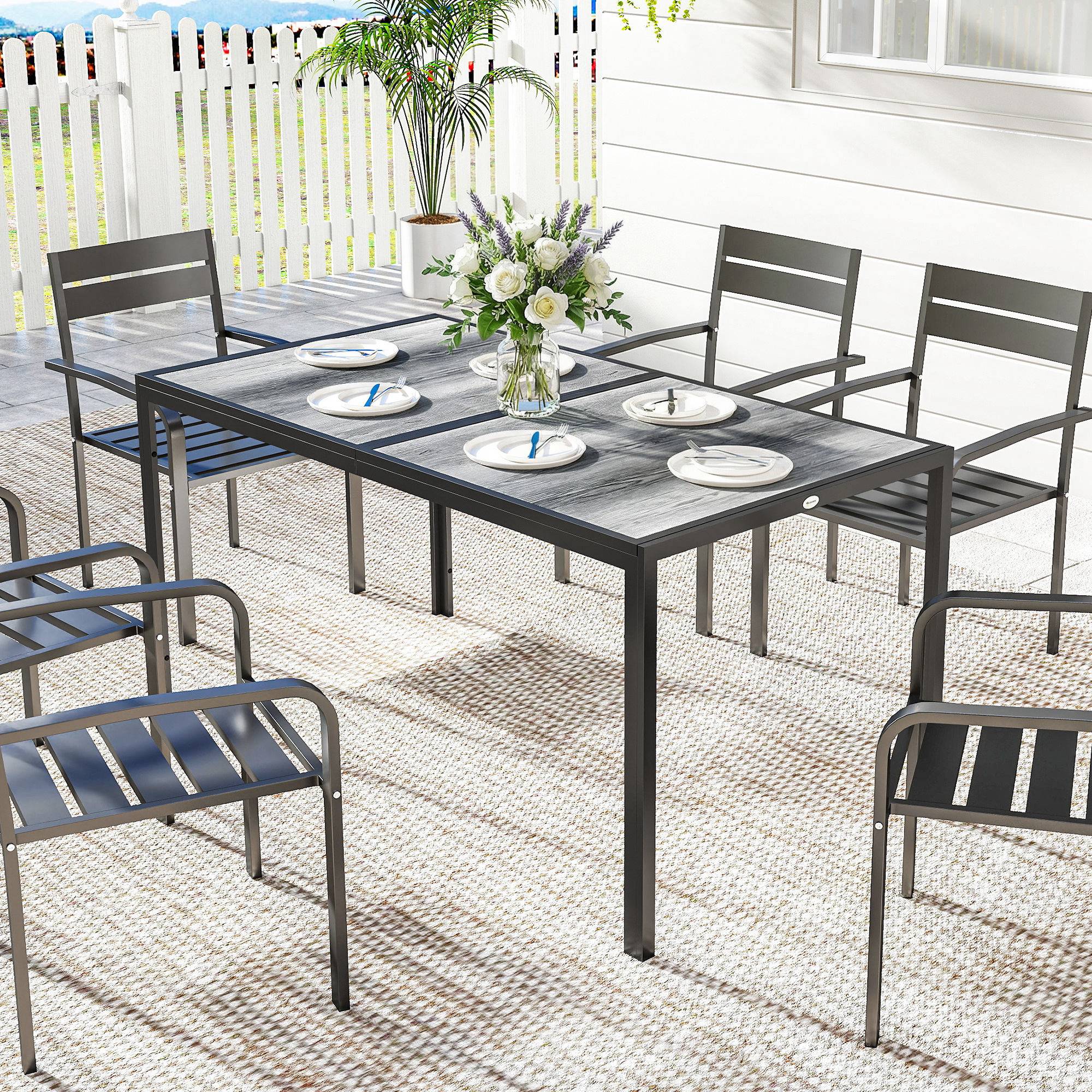 Table de jardin gris noir acier plastique PSPC 150x80x74 cm plateau imitation bois 4-6 places - Image 4