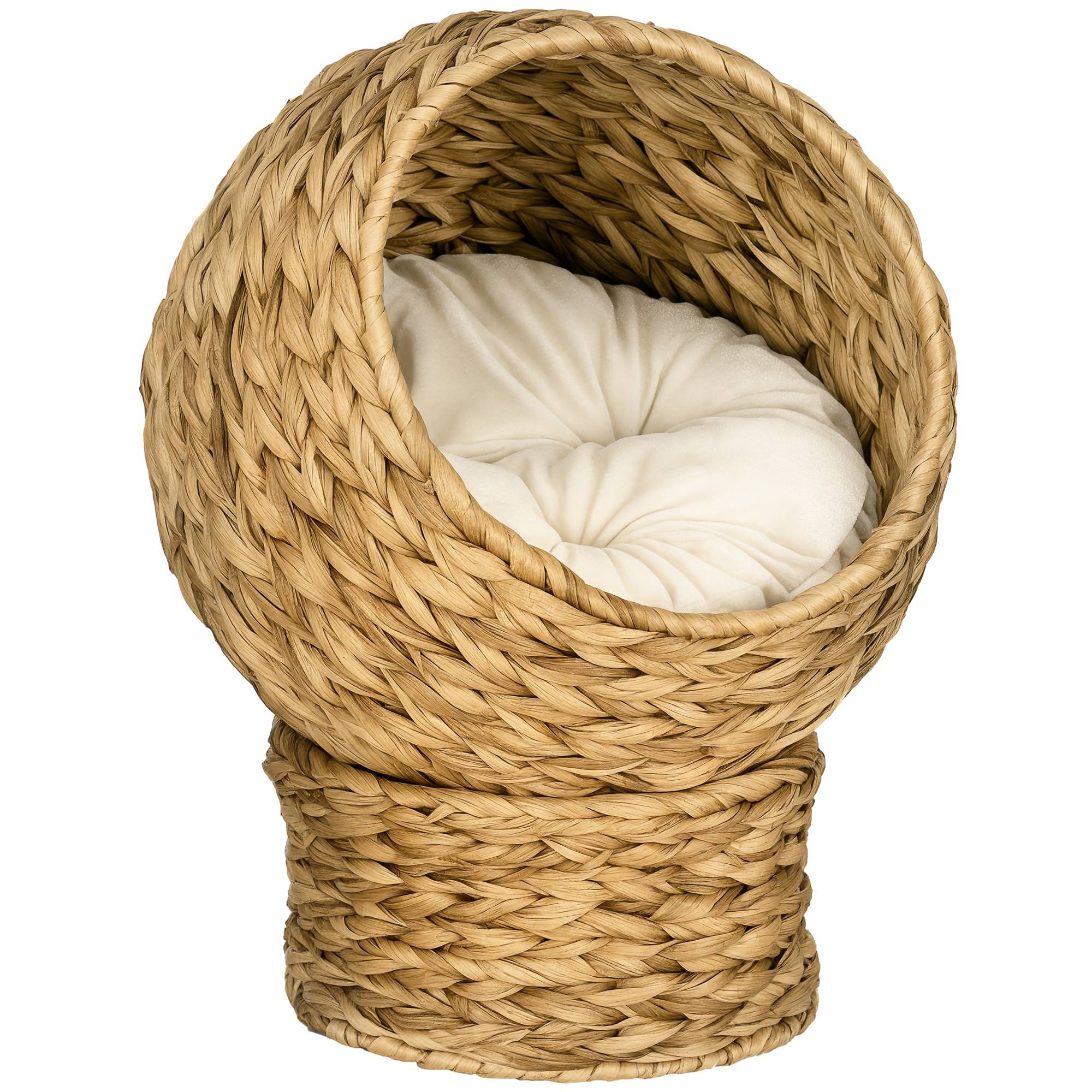 Panier pour chat surélevé, niche grotte grand confort, dim. 40L x 37l x 51H cm, coussin moelleux beige inclus - Image 1