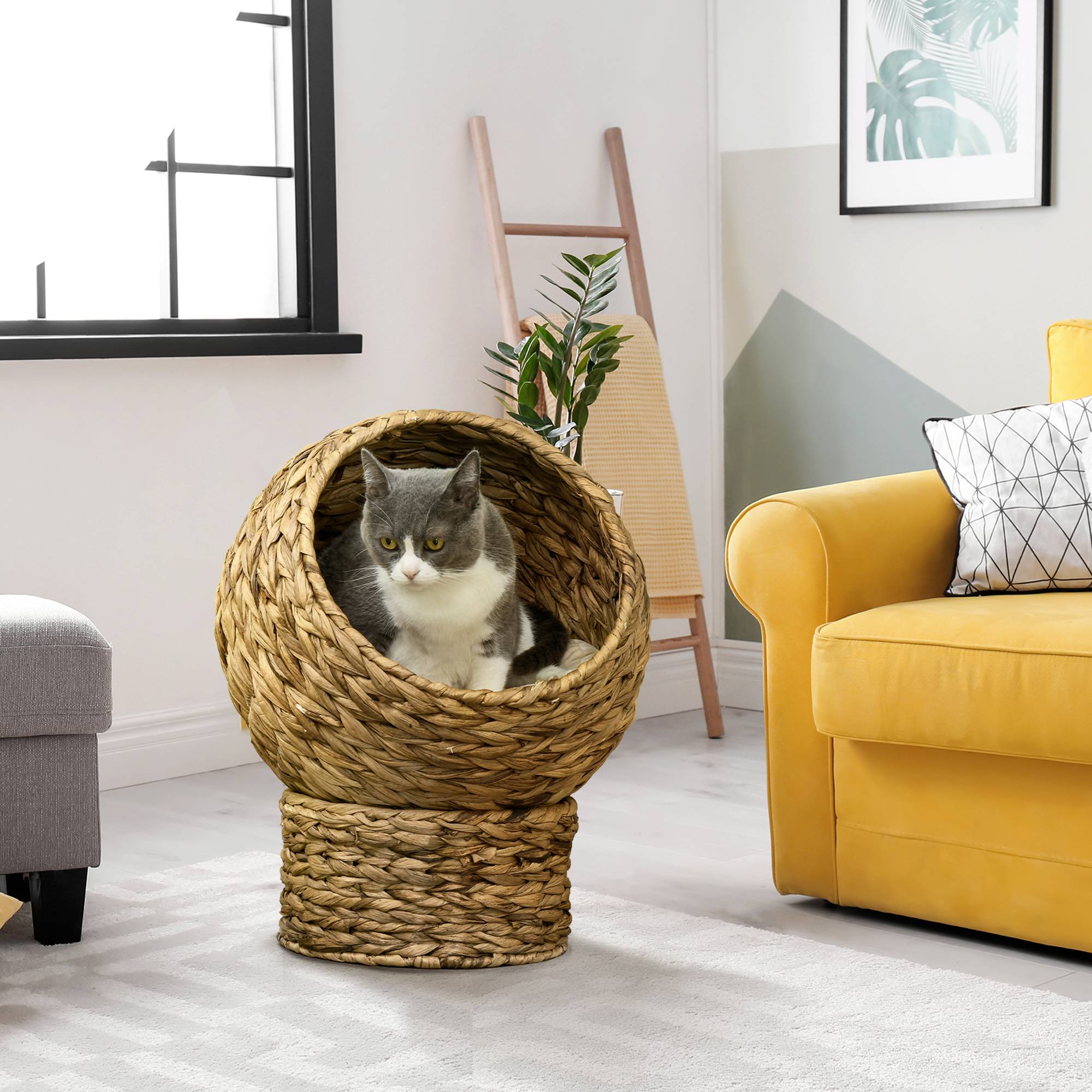 Panier pour chat surélevé, niche grotte grand confort, dim. 40L x 37l x 51H cm, coussin moelleux beige inclus - Image 4