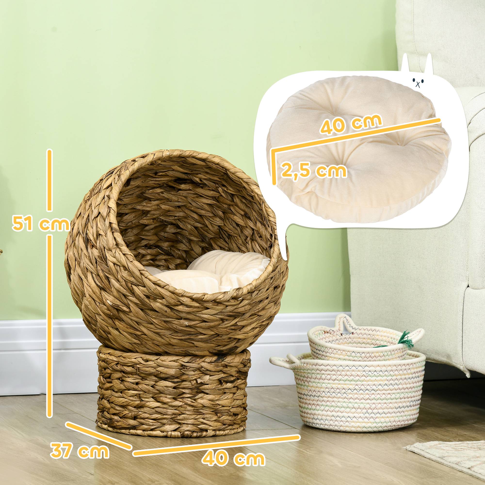 Panier pour chat surélevé, niche grotte grand confort, dim. 40L x 37l x 51H cm, coussin moelleux beige inclus - Image 5