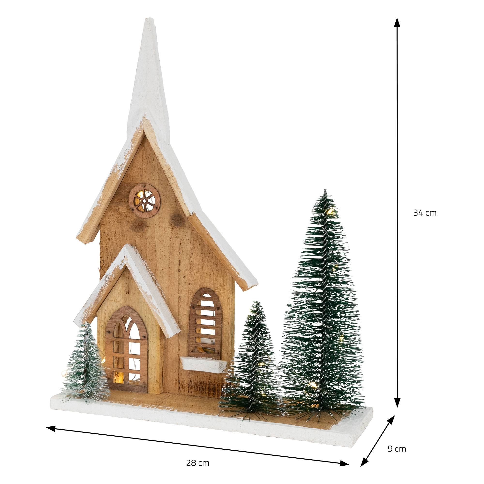 Ecd-Germany - Maison de Noël en bois LED 28x9x34 cm décoration d'hiver 3 sapins avec minuterie - Imagen 7