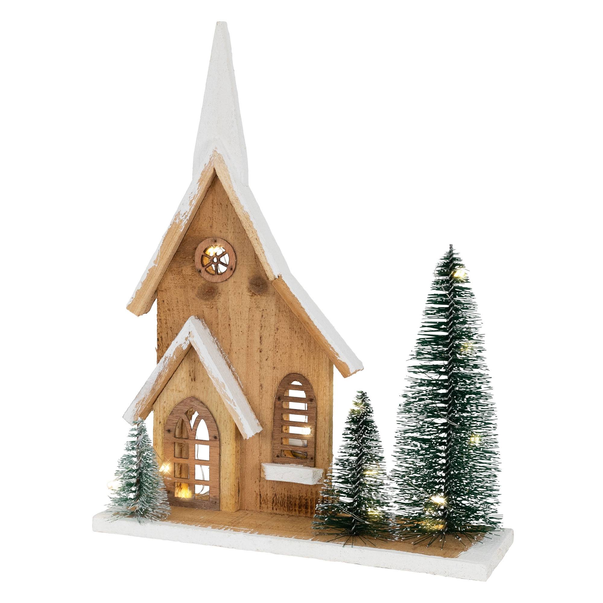 Ecd-Germany - Maison de Noël en bois LED 28x9x34 cm décoration d'hiver 3 sapins avec minuterie - Imagen 1