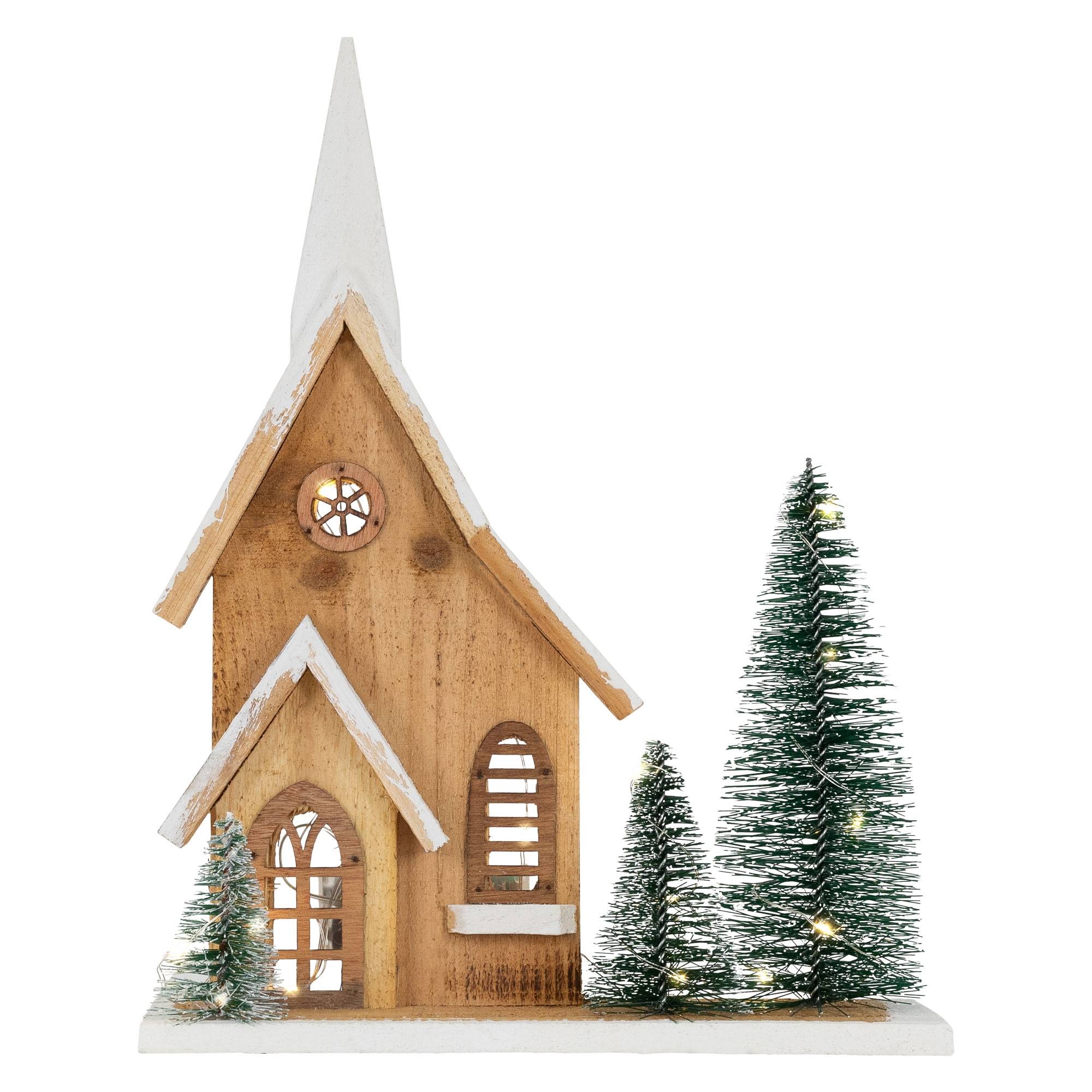 Ecd-Germany - Maison de Noël en bois LED 28x9x34 cm décoration d'hiver 3 sapins avec minuterie - Imagen 2
