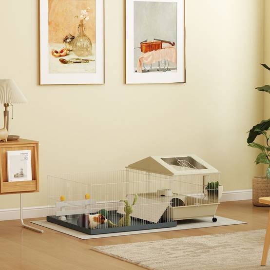 Cage cochon d'inde acier pour petits animaux avec parc amovible 108x71x57cm beige - ComfortXL Outdoor Living - Image 4