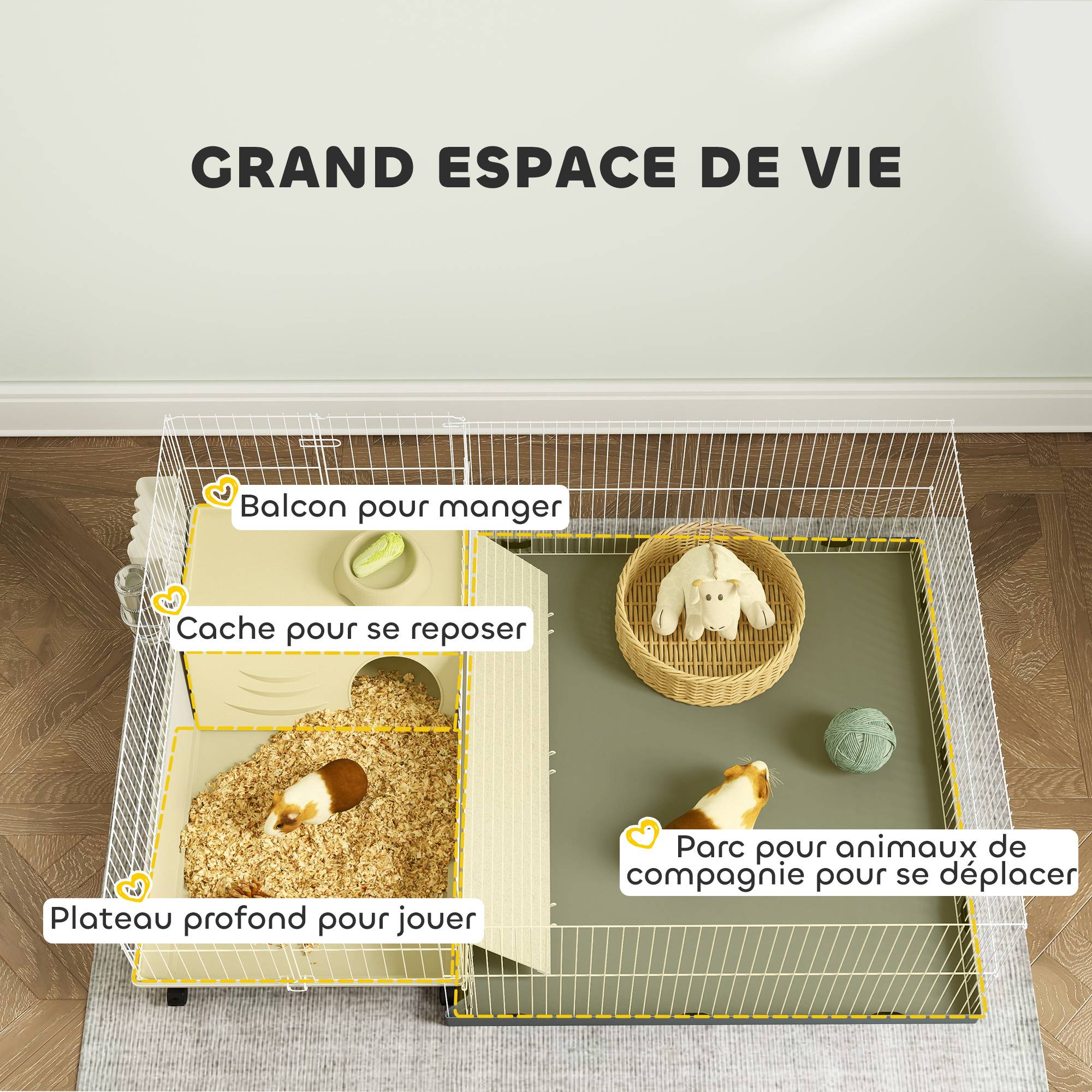 Cage cochon d'inde acier pour petits animaux avec parc amovible 108x71x57cm beige - ComfortXL Outdoor Living - Image 6