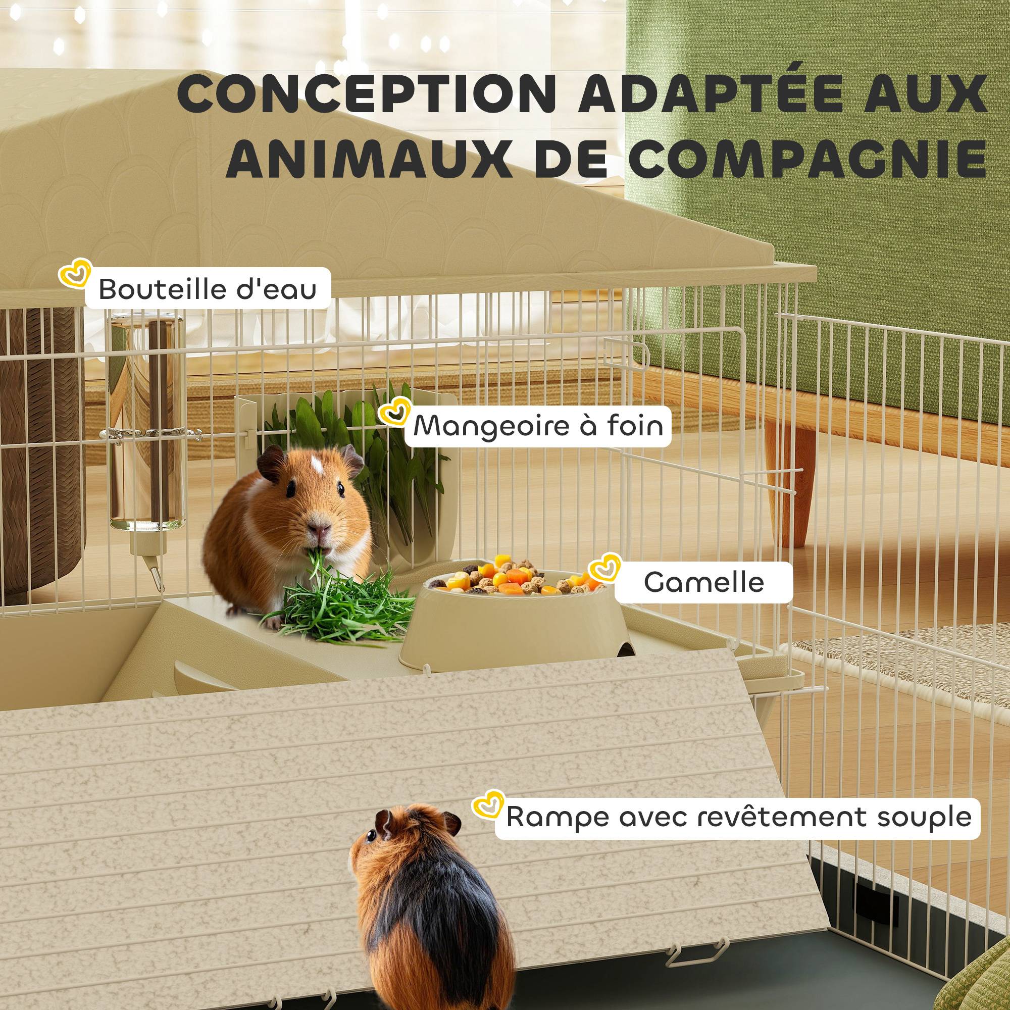 Cage cochon d'inde acier pour petits animaux avec parc amovible 108x71x57cm beige - ComfortXL Outdoor Living - Image 7