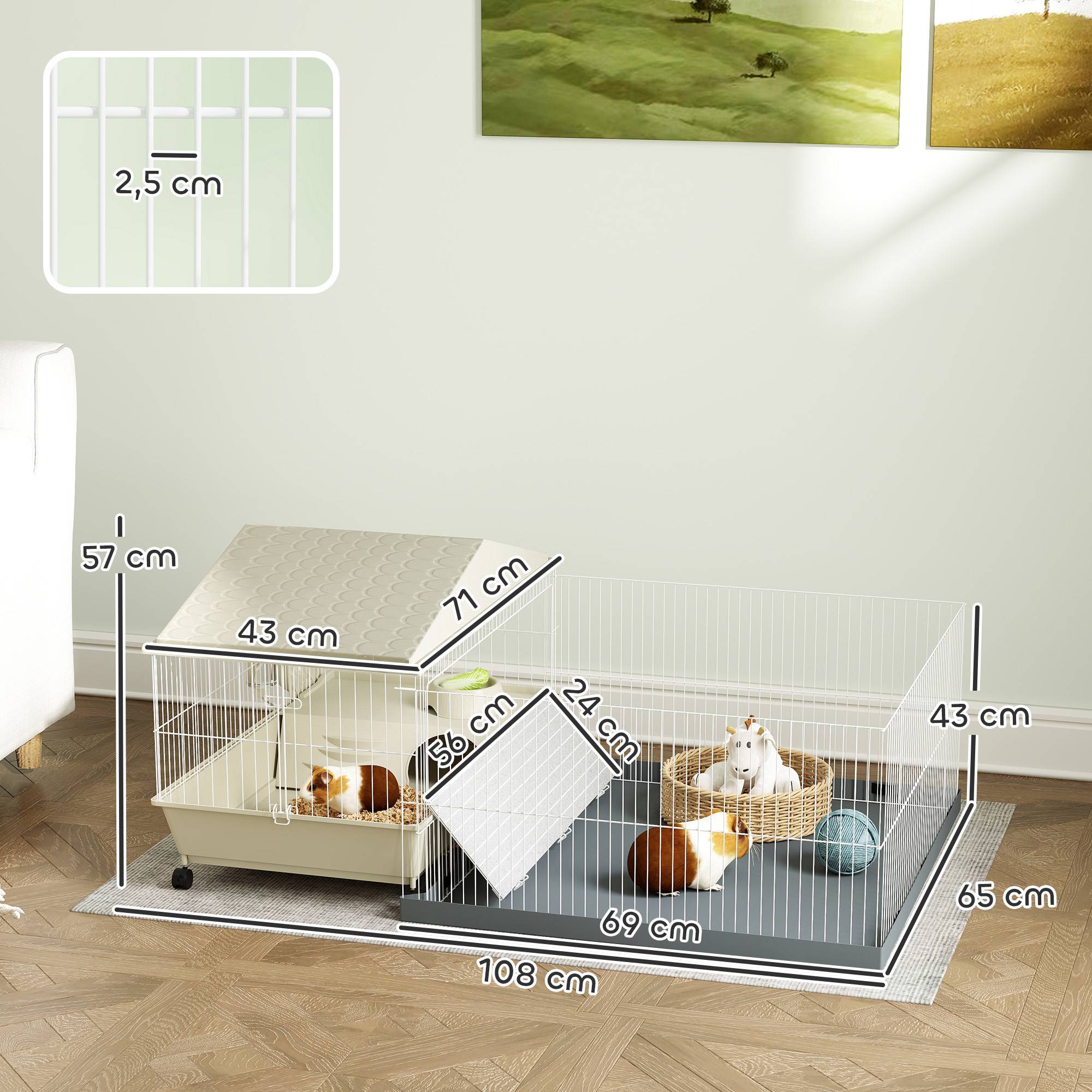 Cage cochon d'inde acier pour petits animaux avec parc amovible 108x71x57cm beige - ComfortXL Outdoor Living - Image 5