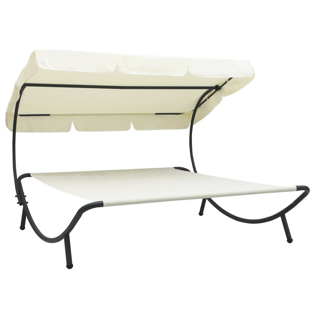 Helloshop26 - Lit de repos chaise longue transat d'extérieur 200 cm avec auvent blanc crème - Imagen 1