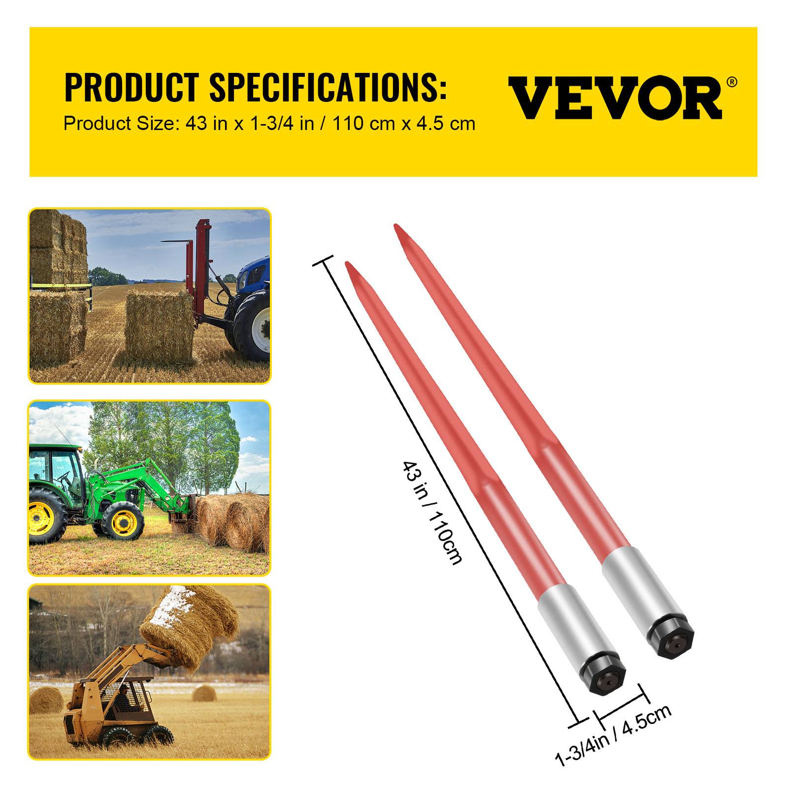 VEVOR Lance à foin 110 cm, 2 pièces, balles carrées, fixation rapide, charge 1360 kg. Tracteurs. - Image 7