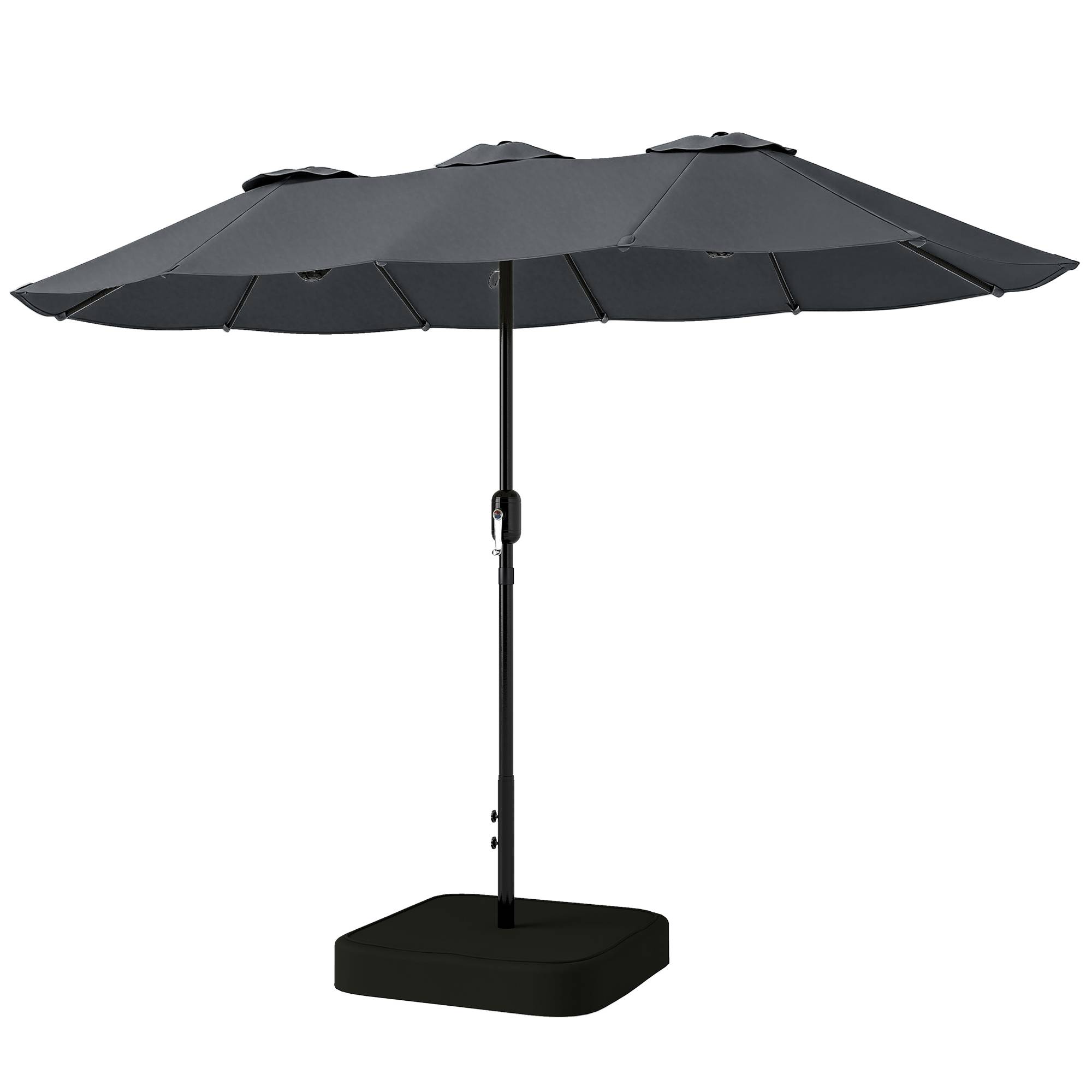 Parasol double à 12 baleines avec manivelle, base en croix et sacs, en métal et polyester, 3x1,5 m, gris foncé - Image 2