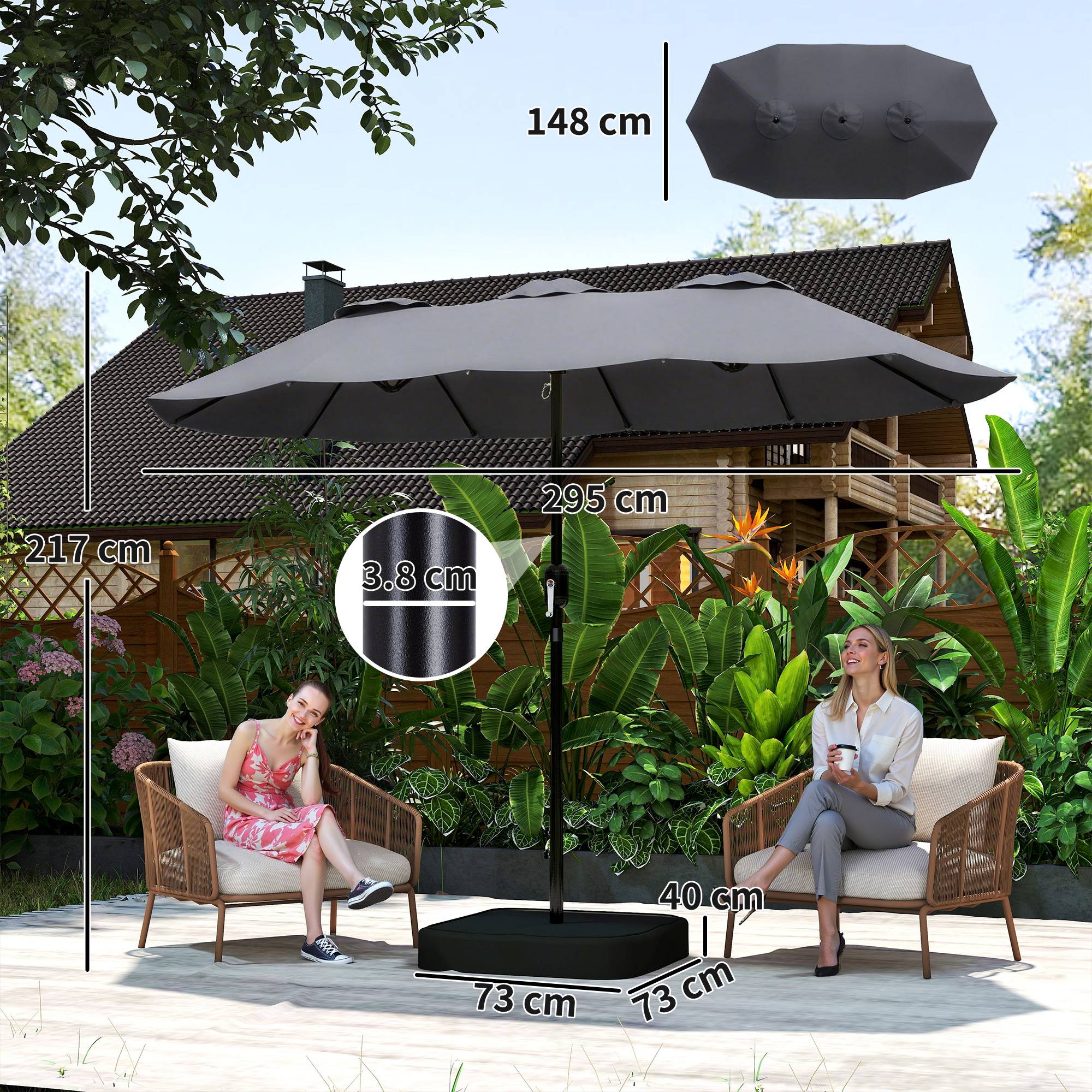 Parasol double à 12 baleines avec manivelle, base en croix et sacs, en métal et polyester, 3x1,5 m, gris foncé - Image 5