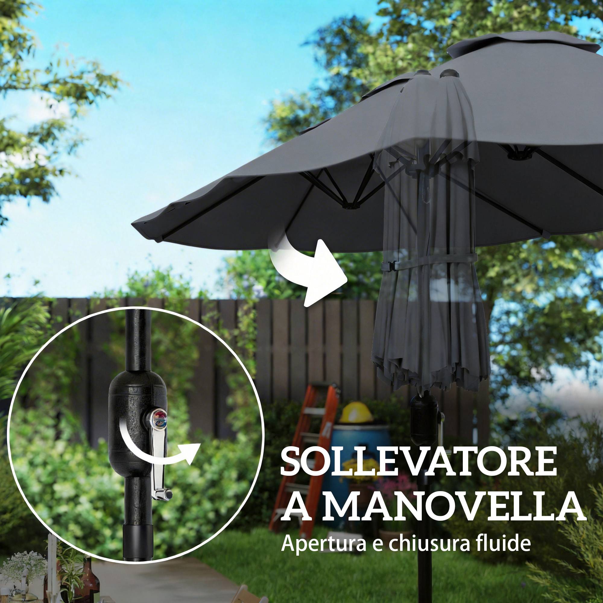 Parasol double à 12 baleines avec manivelle, base en croix et sacs, en métal et polyester, 3x1,5 m, gris foncé - Image 10