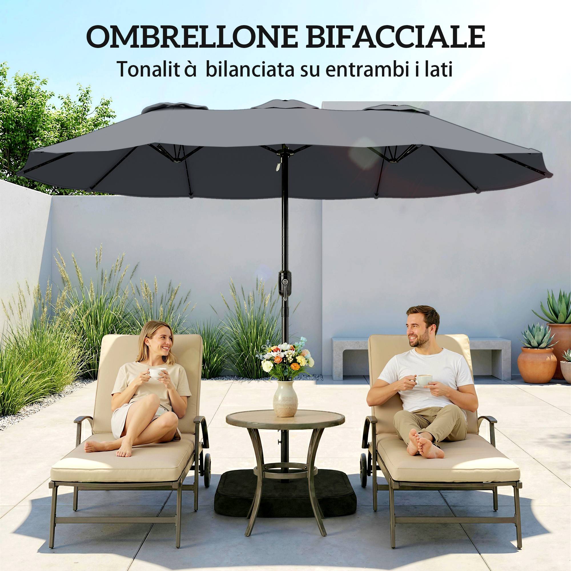 Parasol double à 12 baleines avec manivelle, base en croix et sacs, en métal et polyester, 3x1,5 m, gris foncé - Image 8
