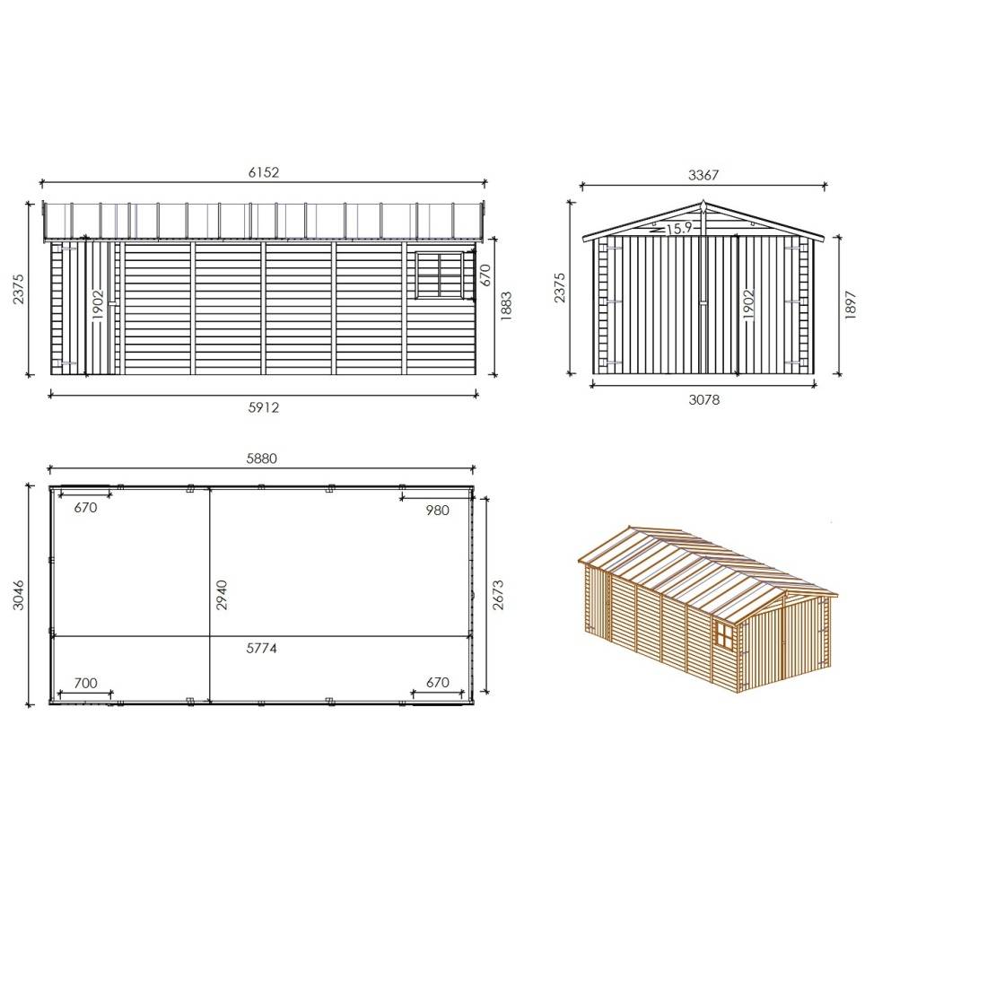 Altanka - Garage en bois - 18.19m2 - 3.05x5.91m - Ep. 18mm - couleur: naturel - GAR29 - ALTANKA - Image 2