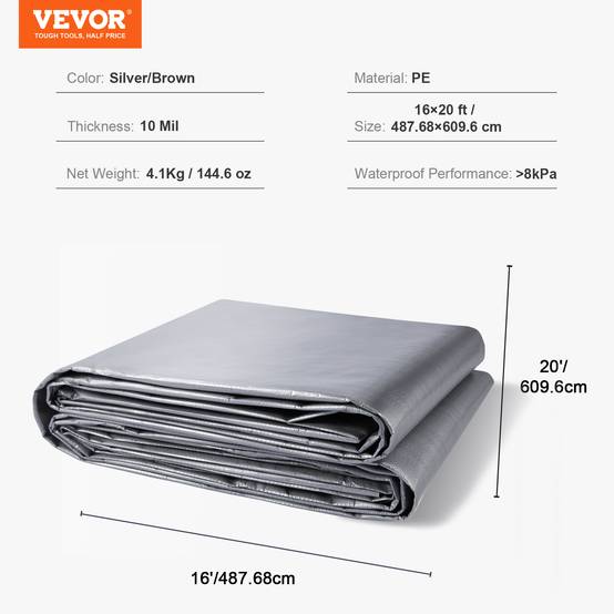 Vevor - VEVOR Bâche protection extérieure 487,7x609,6 cm, polyéthylène 10 mils, UV. Argent/marron. - Image 7