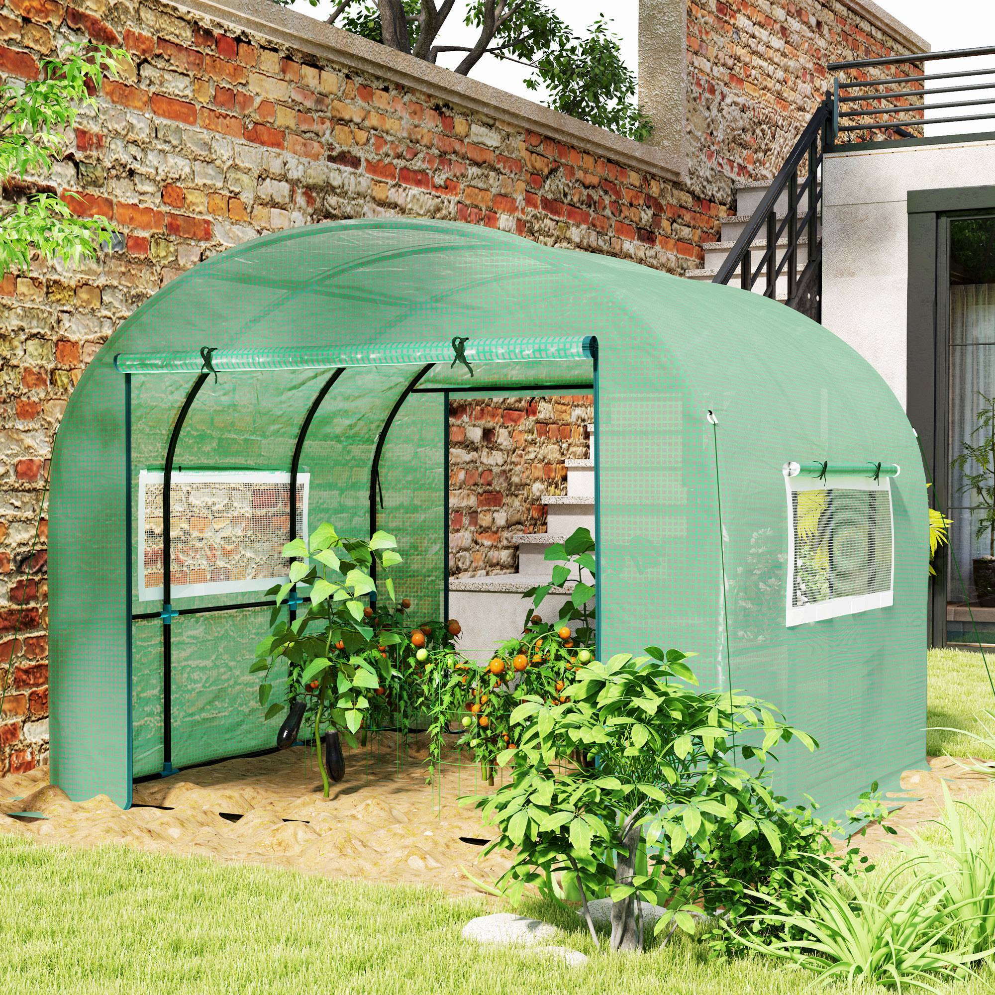Sans Marque - Serre jardin tunnel 9m² PE haute densité 135g/m² 2 portes zip 300x300x200 cm vert - Image 3