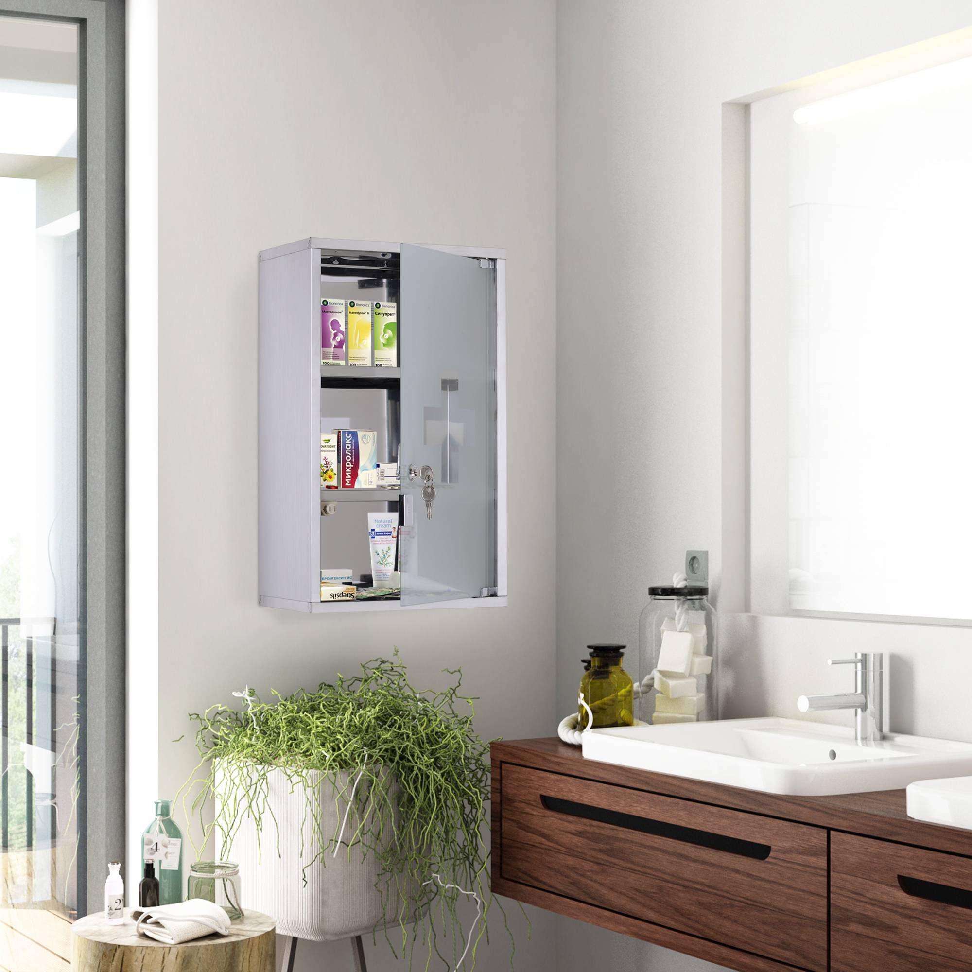 Sans Marque - Armoire pharmacie 50x30x18 cm trousse premiers secours mobile salle bain acier inoxydable serrure - Image 4
