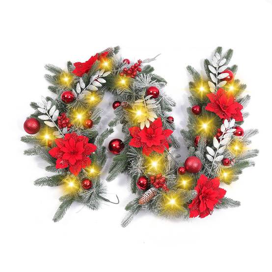 Couronne de Noël suspendue de 1,5 m, imitation sapin avec baies rouges, cannes floquées, décoration de Noël, lumière chaude - Image 9