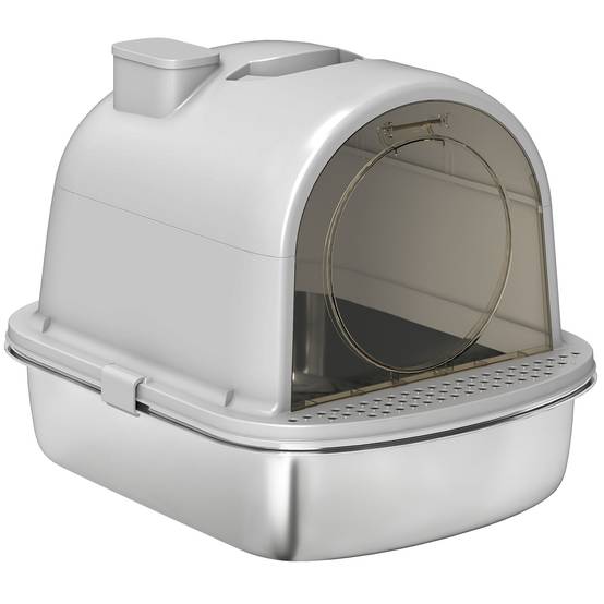 Bac à litière pour chat en acier inoxydable avec couvercle, sac désodorisant, pelle, facile à nettoyer, 52,4 x 41,3 x 39,9 cm, gris - Image 2