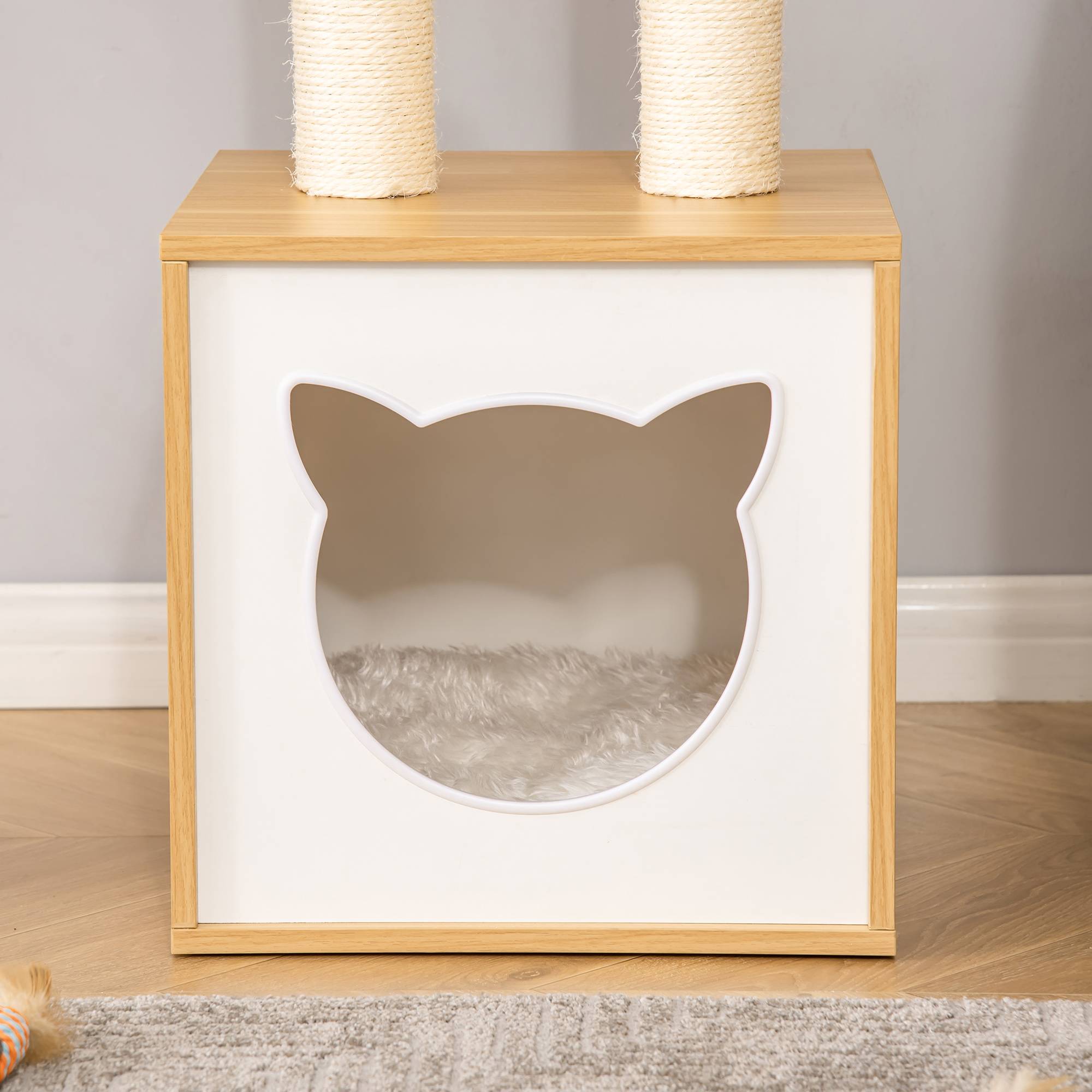 Pawhut - Arbre à chat 2 griffoirs niche entrée tête de chat plateforme d'observation jouet suspendu coussins amovibles peluche grande douceur aspect bois clair - Imagen 5