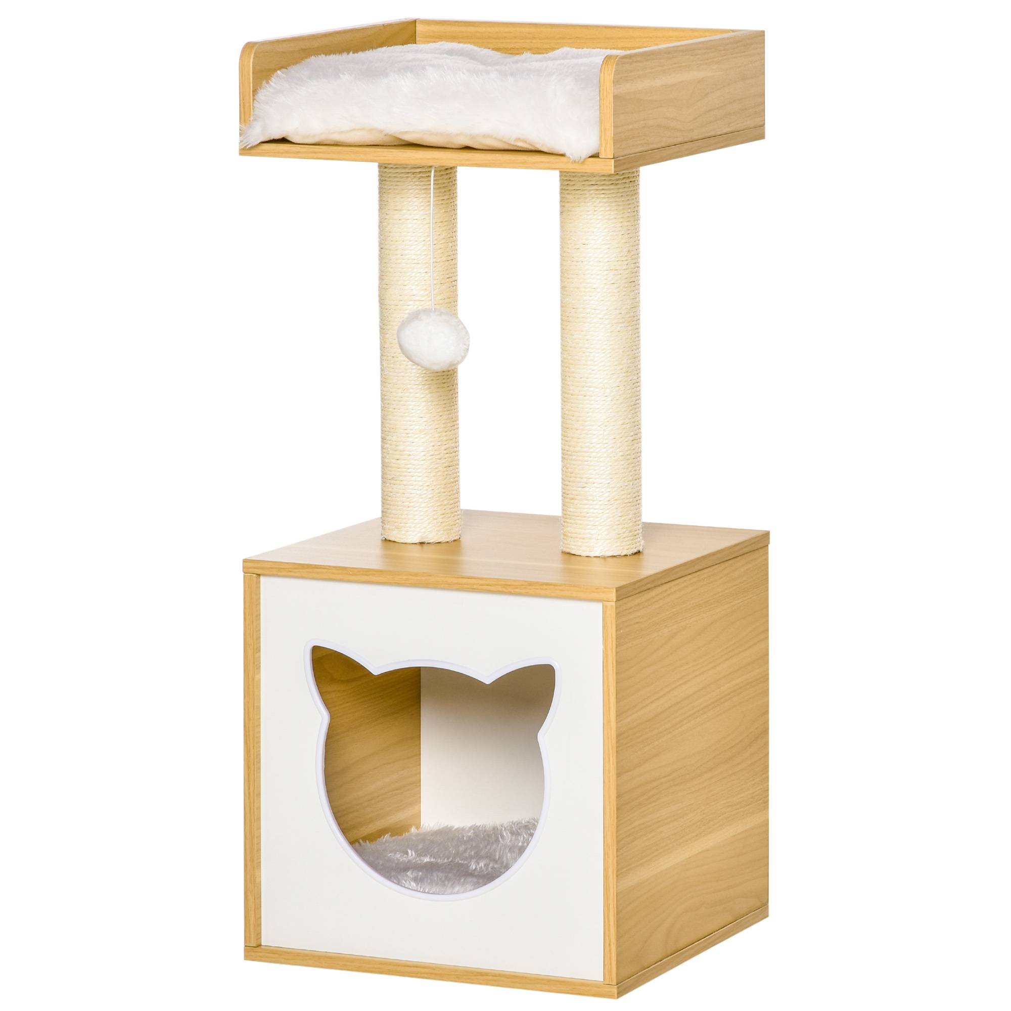 Pawhut - Arbre à chat 2 griffoirs niche entrée tête de chat plateforme d'observation jouet suspendu coussins amovibles peluche grande douceur aspect bois clair - Imagen 1