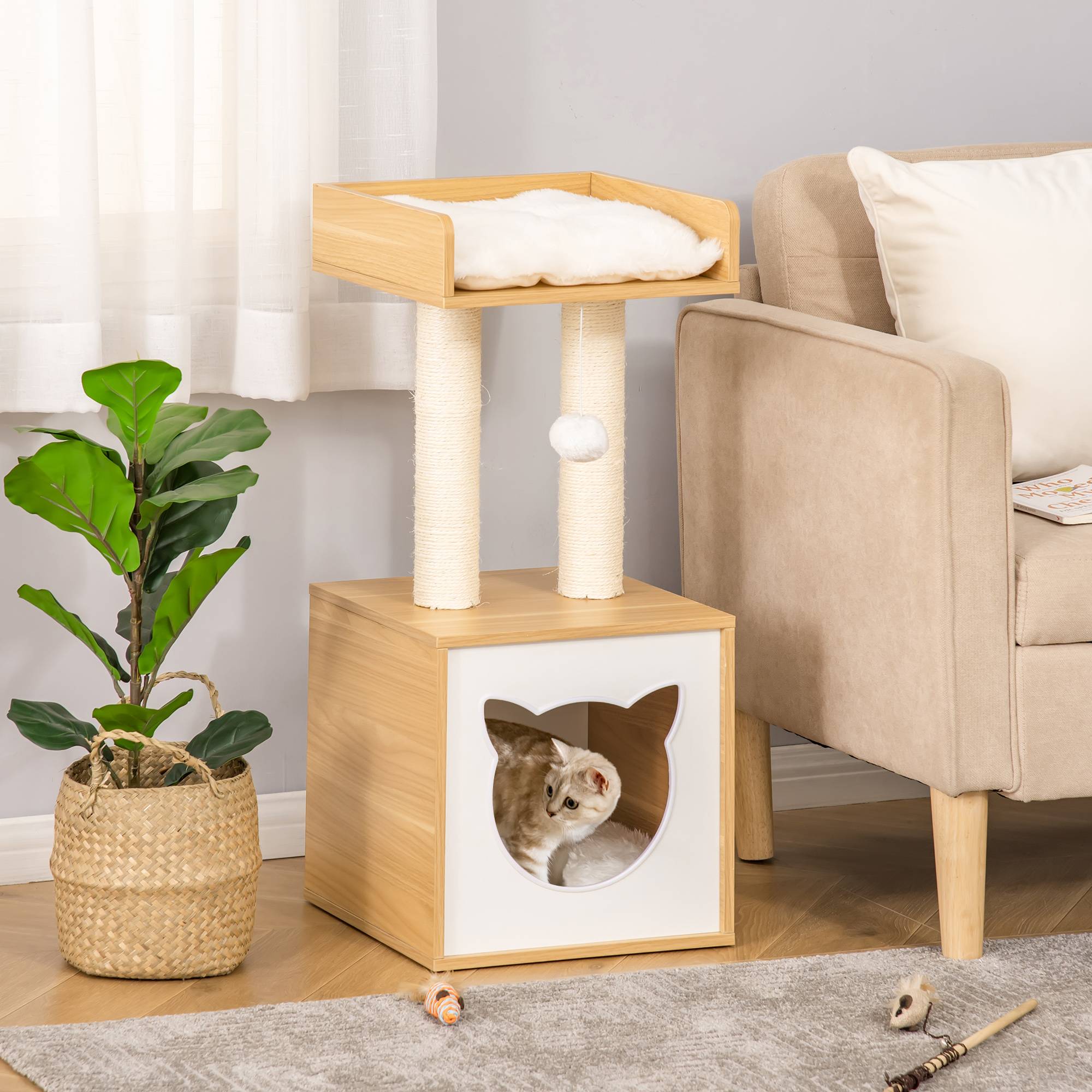 Pawhut - Arbre à chat 2 griffoirs niche entrée tête de chat plateforme d'observation jouet suspendu coussins amovibles peluche grande douceur aspect bois clair - Imagen 2