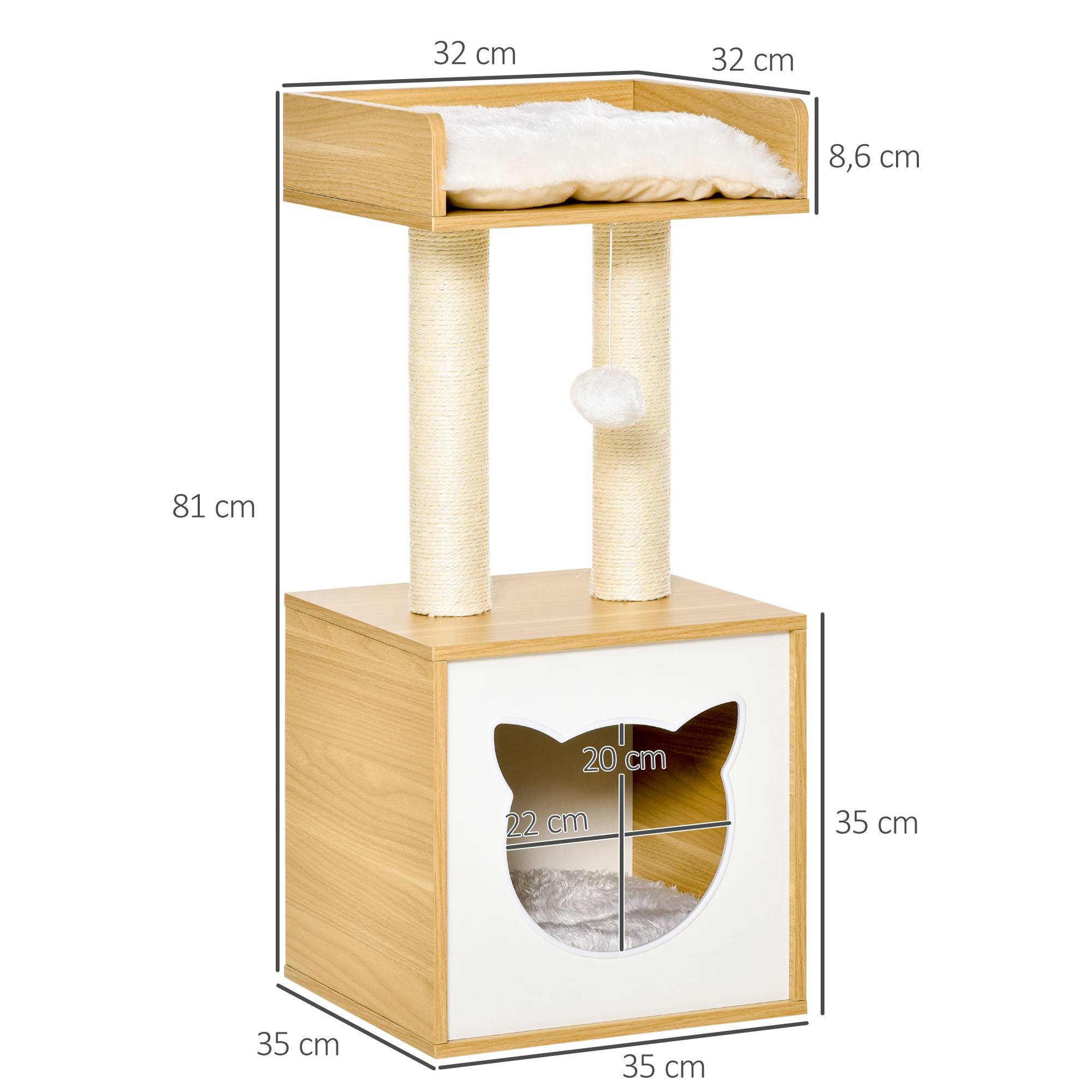 Pawhut - Arbre à chat 2 griffoirs niche entrée tête de chat plateforme d'observation jouet suspendu coussins amovibles peluche grande douceur aspect bois clair - Imagen 3