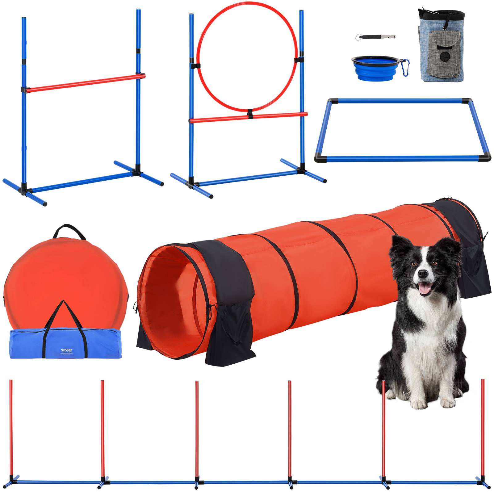 VEVOR Équipements agilité chien, 5 pièces, haies, 6 poteaux, tunnel. Anneau saut, sifflet.