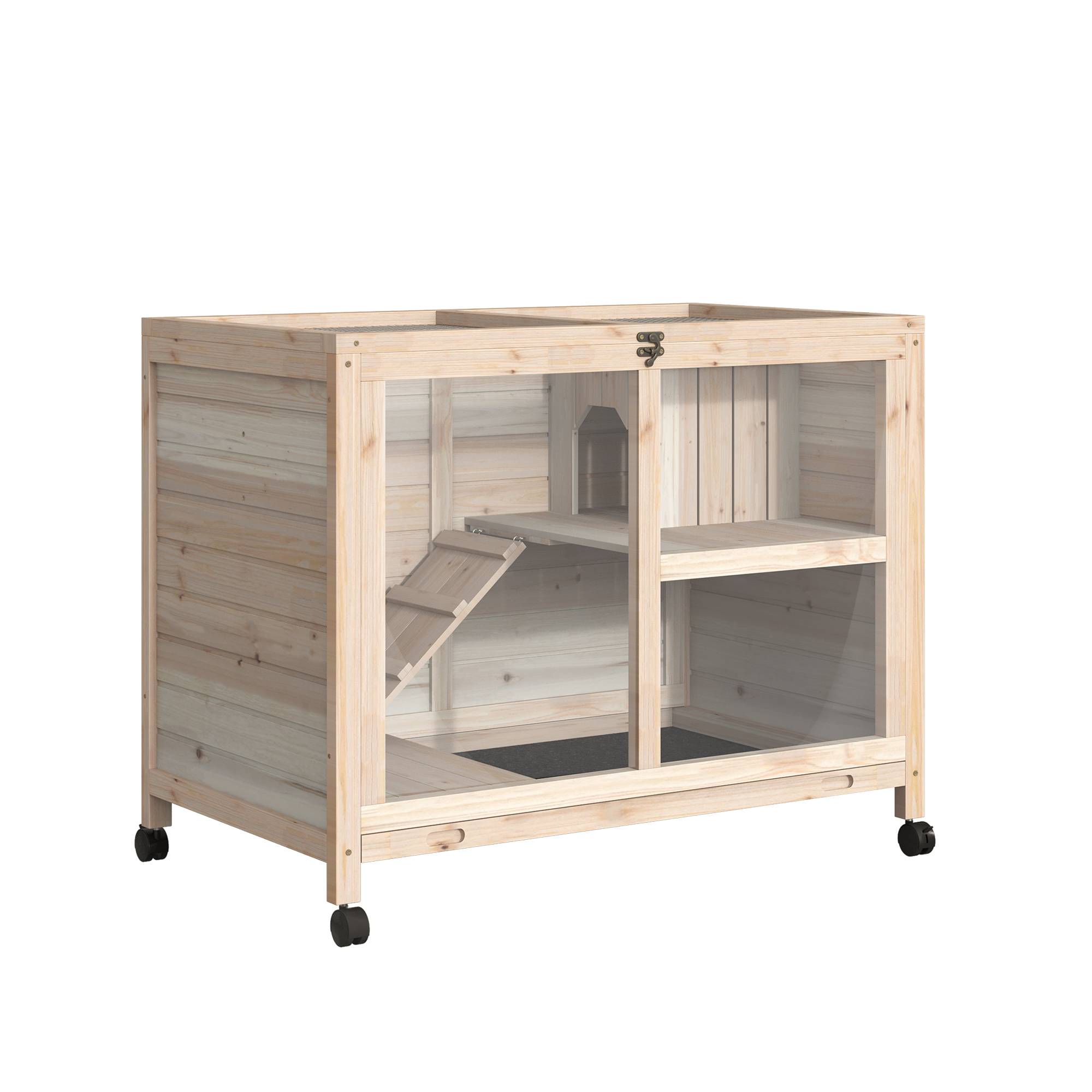 Clapier lapin roulettes bois massif intérieur 2 étages toit ouvrant 92x53x73cm naturel - ComfortXL Outdoor Living