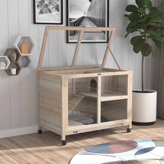 Clapier lapin roulettes bois massif intérieur 2 étages toit ouvrant 92x53x73cm naturel - ComfortXL Outdoor Living - Image 4