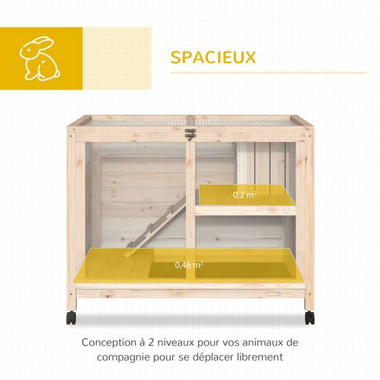 Clapier lapin roulettes bois massif intérieur 2 étages toit ouvrant 92x53x73cm naturel - ComfortXL Outdoor Living - Image 6