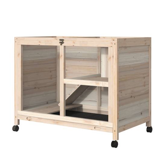 Clapier lapin roulettes bois massif intérieur 2 étages toit ouvrant 92x53x73cm naturel - ComfortXL Outdoor Living - Image 2