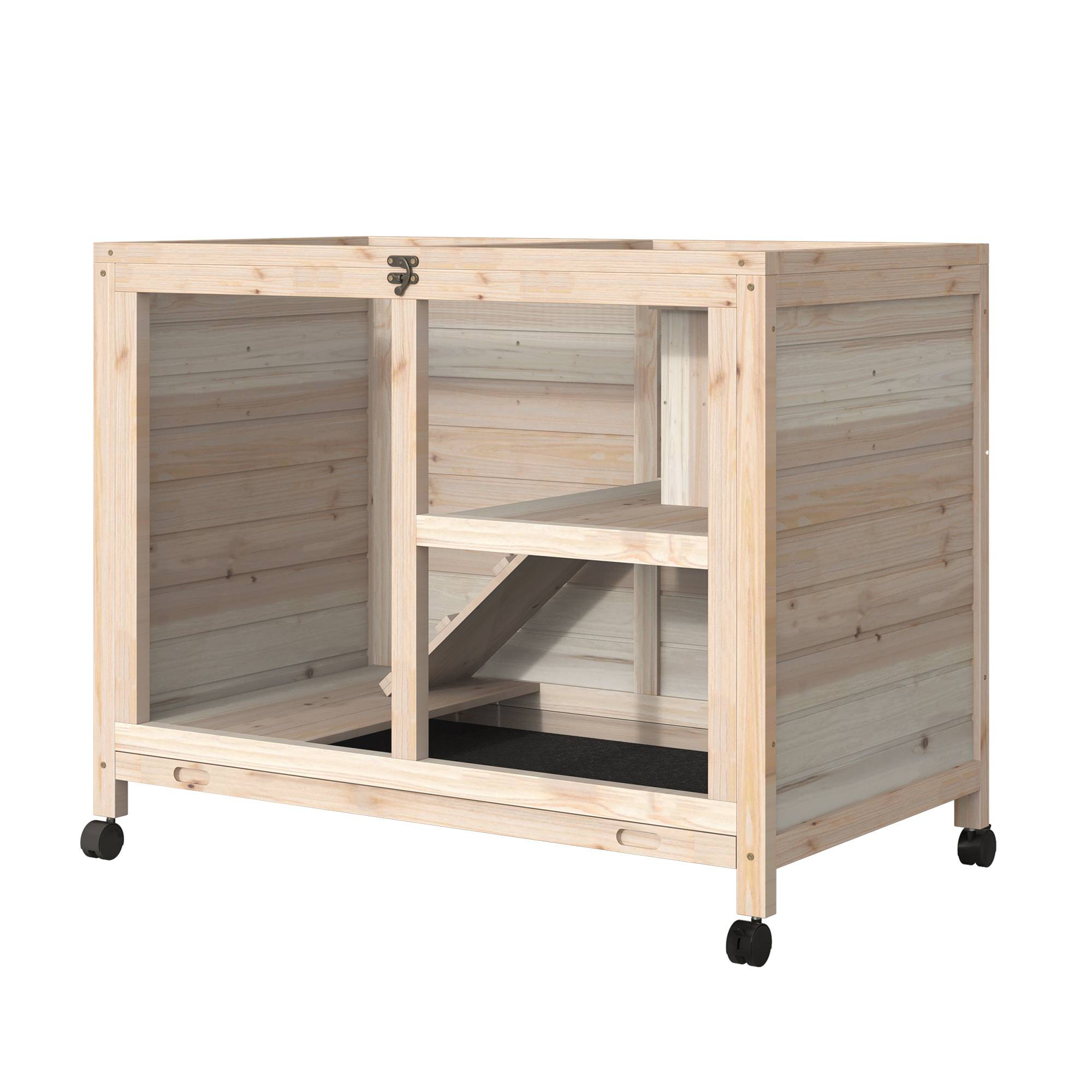 Clapier lapin roulettes bois massif intérieur 2 étages toit ouvrant 92x53x73cm naturel - ComfortXL Outdoor Living - Image 2
