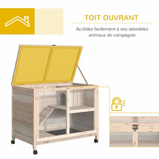 Clapier lapin roulettes bois massif intérieur 2 étages toit ouvrant 92x53x73cm naturel - ComfortXL Outdoor Living - Image 7