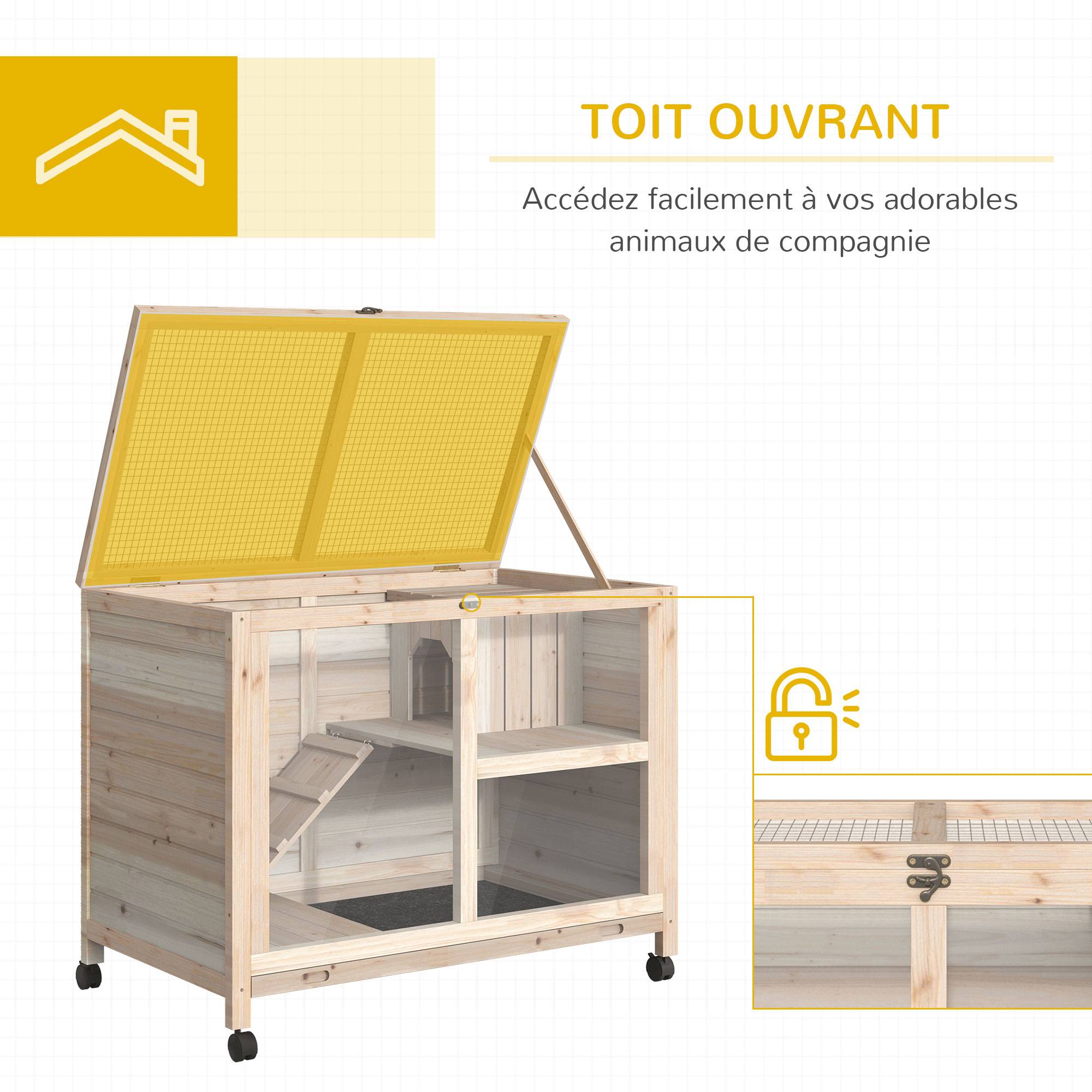 Clapier lapin roulettes bois massif intérieur 2 étages toit ouvrant 92x53x73cm naturel - ComfortXL Outdoor Living - Image 7