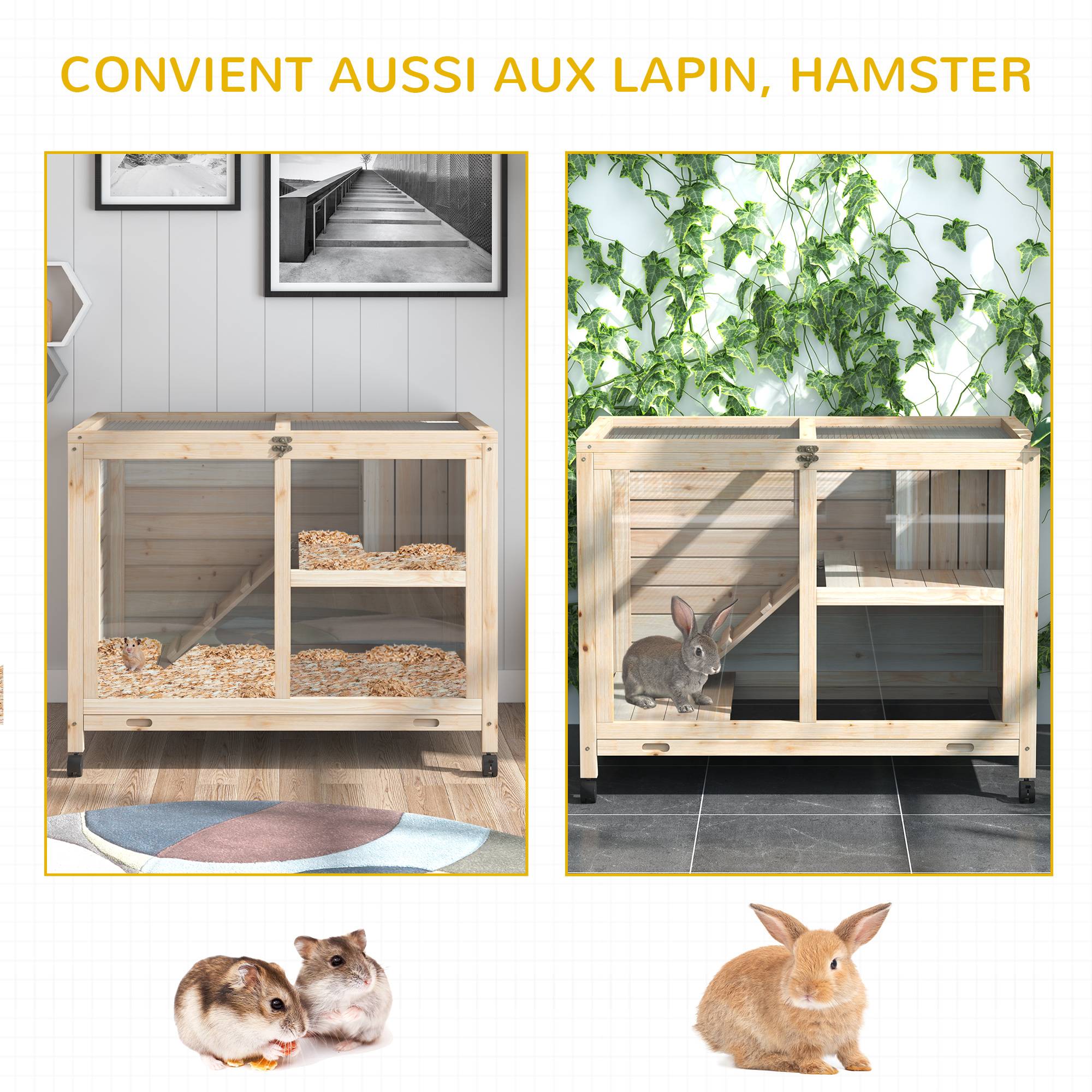 Clapier lapin roulettes bois massif intérieur 2 étages toit ouvrant 92x53x73cm naturel - ComfortXL Outdoor Living - Image 10