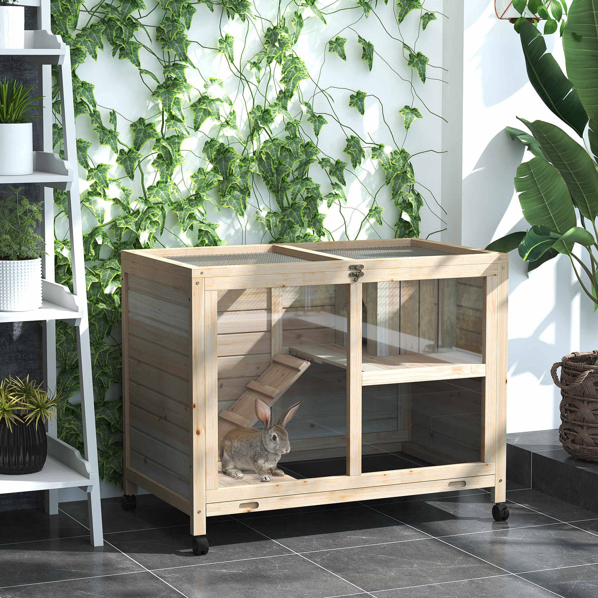 Clapier lapin roulettes bois massif intérieur 2 étages toit ouvrant 92x53x73cm naturel - ComfortXL Outdoor Living - Image 3