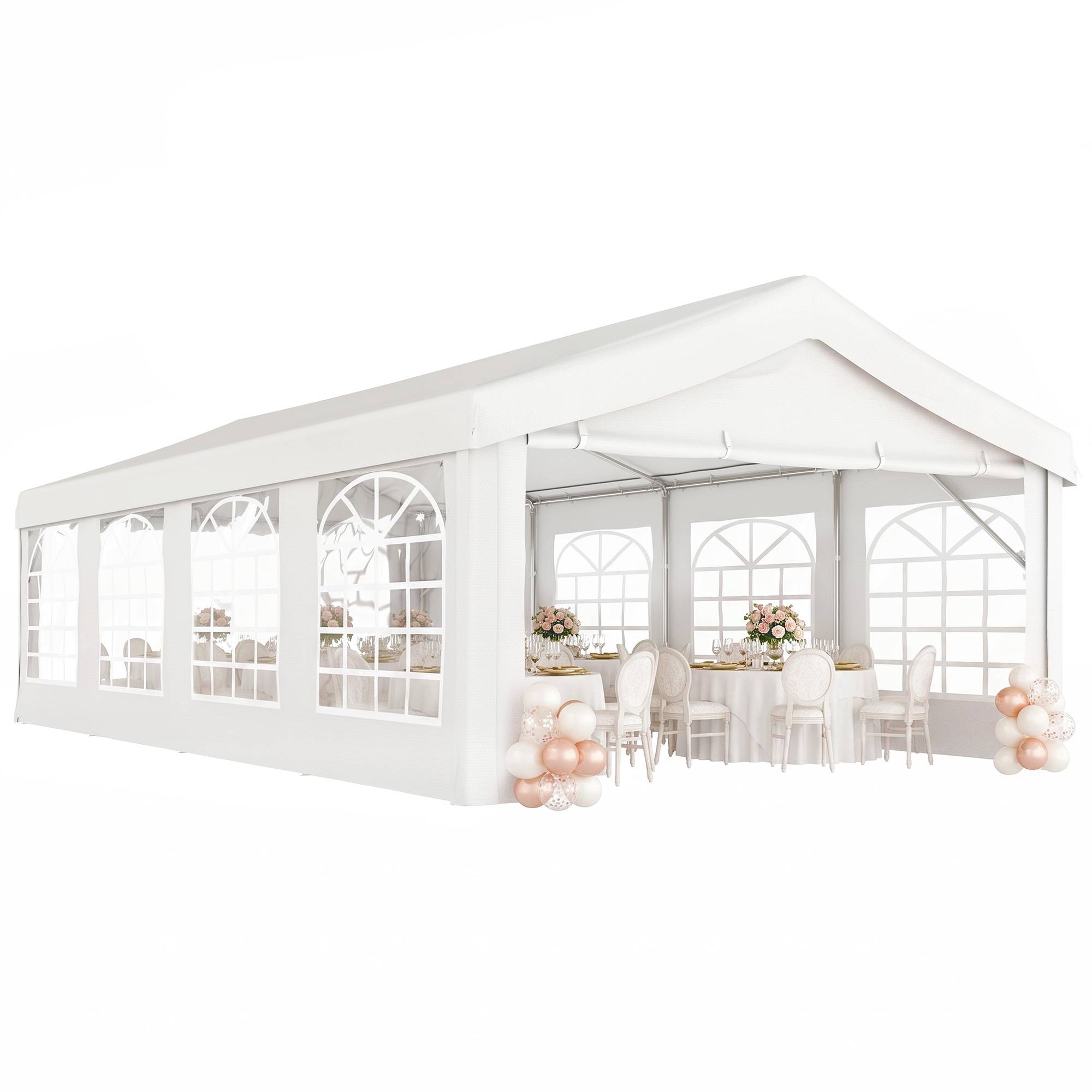 Sans Marque - Tente de Réception de Jardin 4x8m, 8 Fenêtres, Cadre en Acier Galvanisé, Toile de Haute Qualité PE Blanc