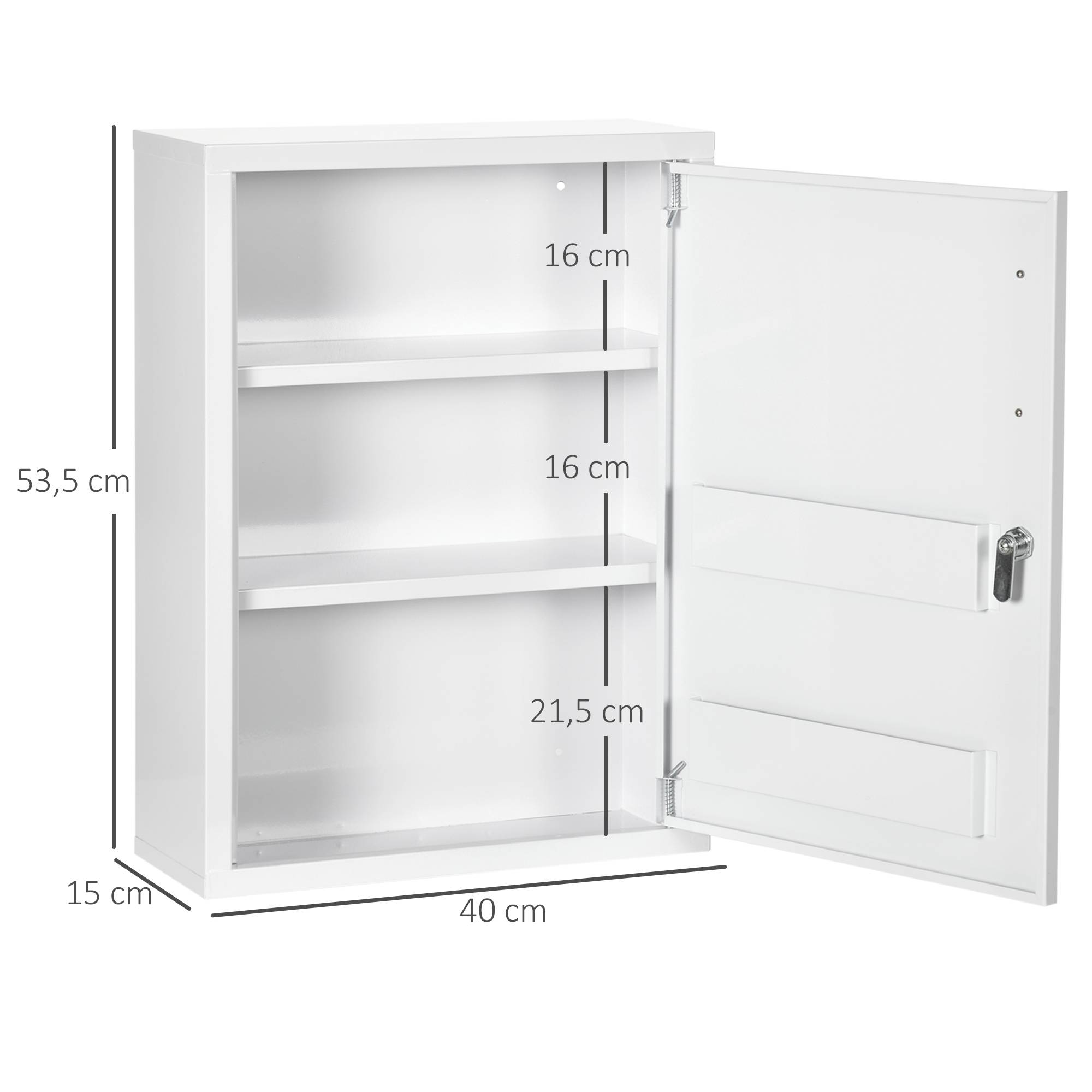 Sans Marque - Armoire pharmacie 3 compartiments verrouillable compartiment médicaments structure robuste acier blanche 40x15x53,5 cm - Image 5